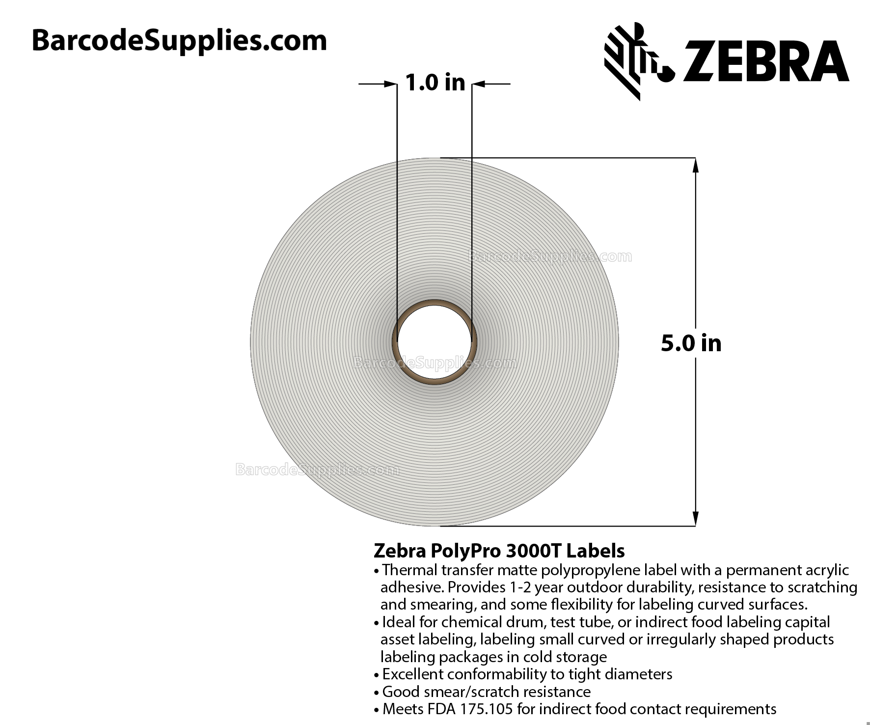 2 x 0.5 Thermal Transfer White PolyPro 3000T Labels With Permanent Adhesive - Perforated - 3780 Labels Per Roll - Carton Of 8 Rolls - 30240 Labels Total - MPN: 18928