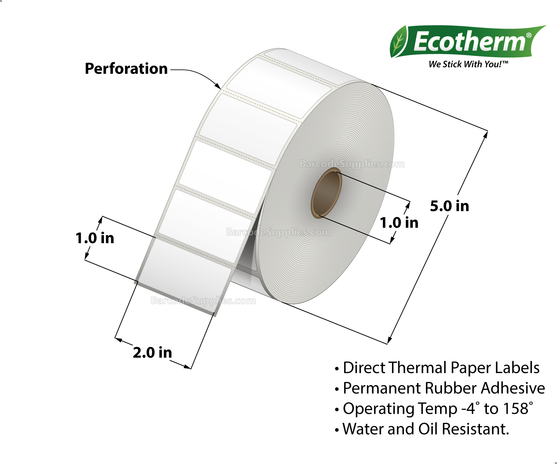 2 x 1 Direct Thermal White Labels With Rubber Adhesive - Perforated - 2500 Labels Per Roll - Carton Of 6 Rolls - 15000 Labels Total - MPN: ECOTHERM15118-6