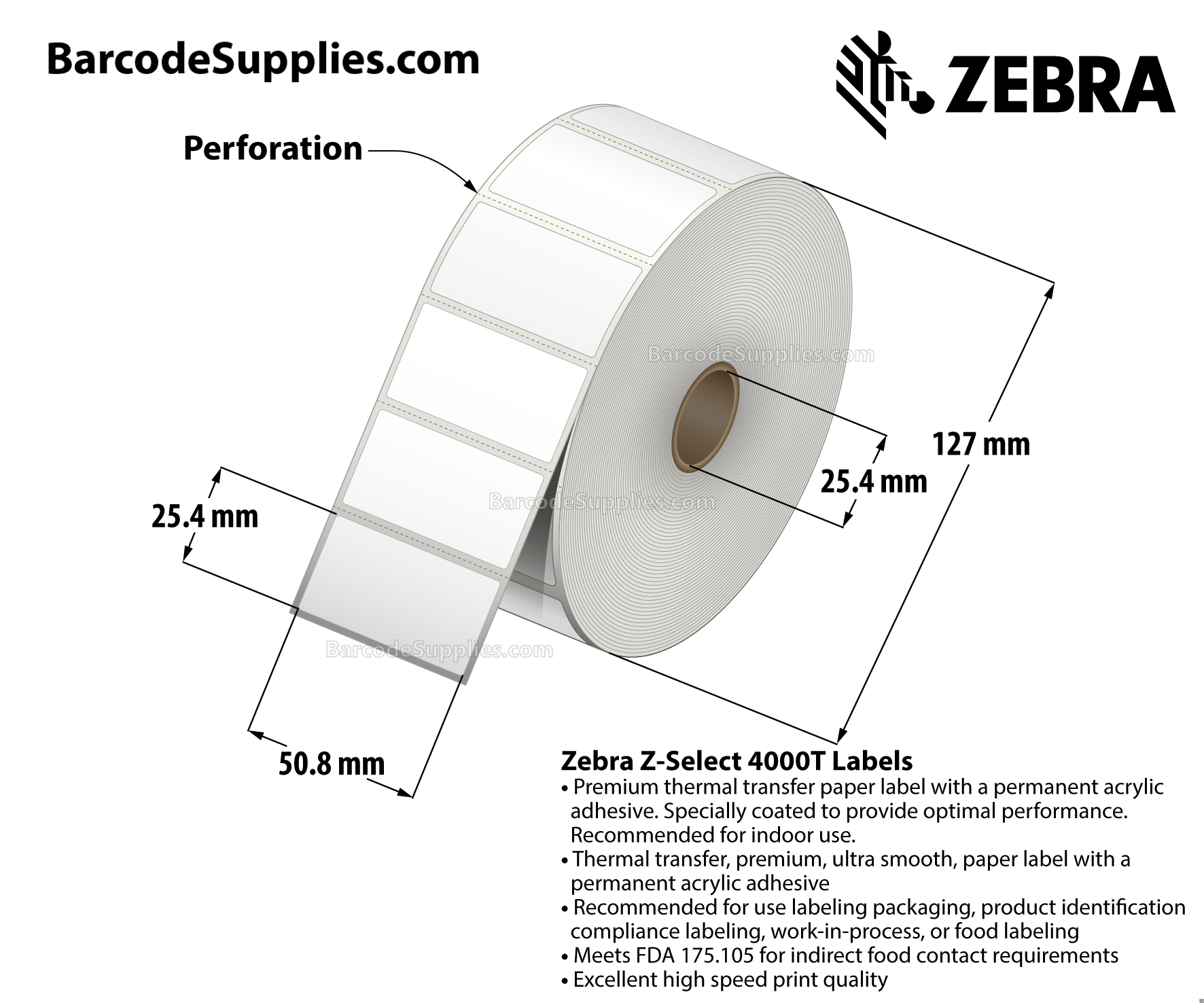 2 x 1 Thermal Transfer White Z-Select 4000T Labels With Permanent Adhesive - Perforated - 2260 Labels Per Roll - Carton Of 8 Rolls - 18080 Labels Total - MPN: 83259