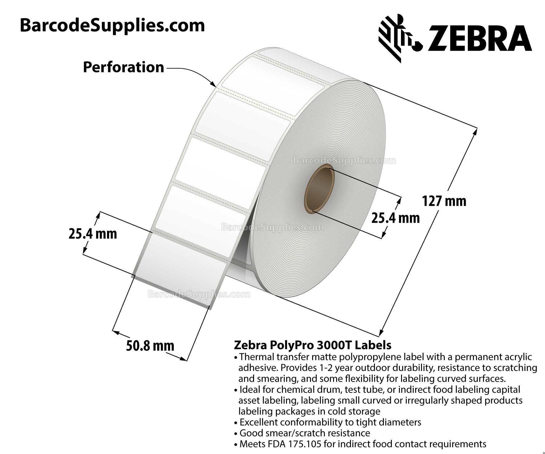 2 x 1 Thermal Transfer White PolyPro 3000T Labels With Permanent Adhesive - Perforated - 2100 Labels Per Roll - Carton Of 8 Rolls - 16800 Labels Total - MPN: 17154