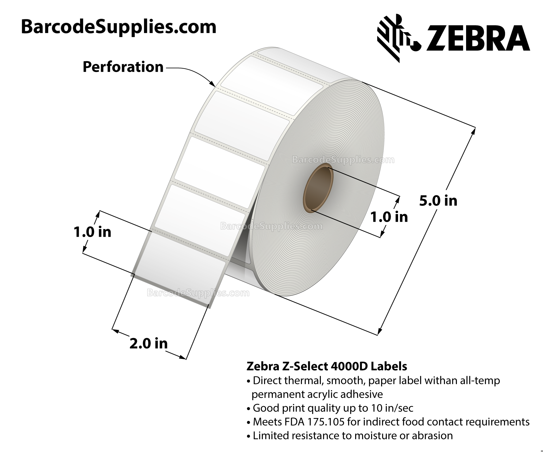 2 x 1 Direct Thermal White Z-Select 4000D Labels With All-Temp Adhesive - Perforated - 2340 Labels Per Roll - Carton Of 4 Rolls - 9360 Labels Total - MPN: 10010039