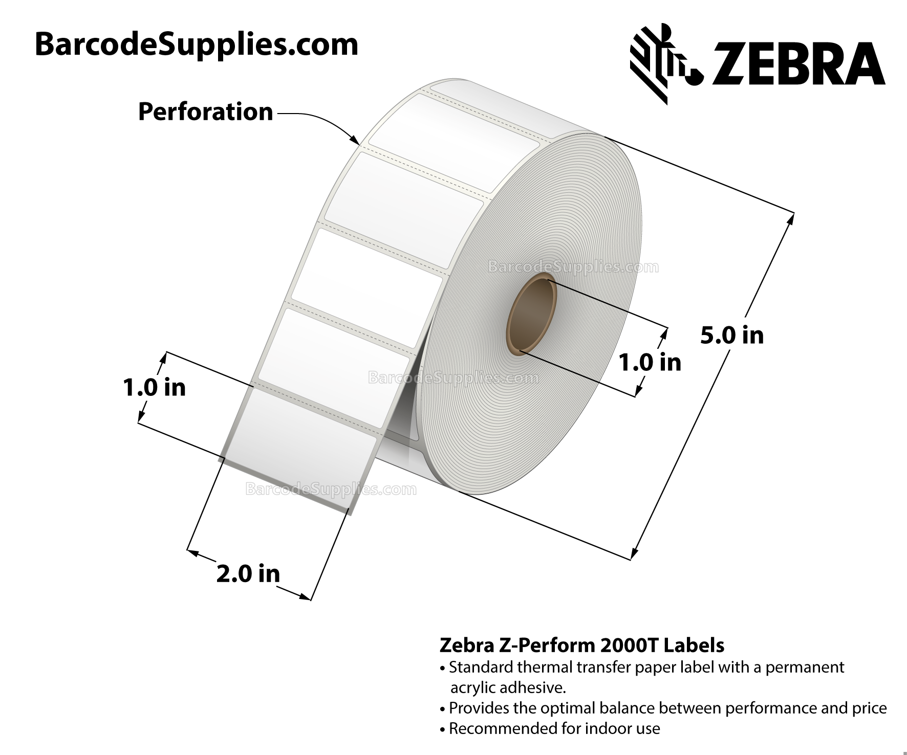 2 x 1 Thermal Transfer White Z-Perform 2000T Labels With Permanent Adhesive - Perforated - 2490 Labels Per Roll - Carton Of 6 Rolls - 14940 Labels Total - MPN: 10005850