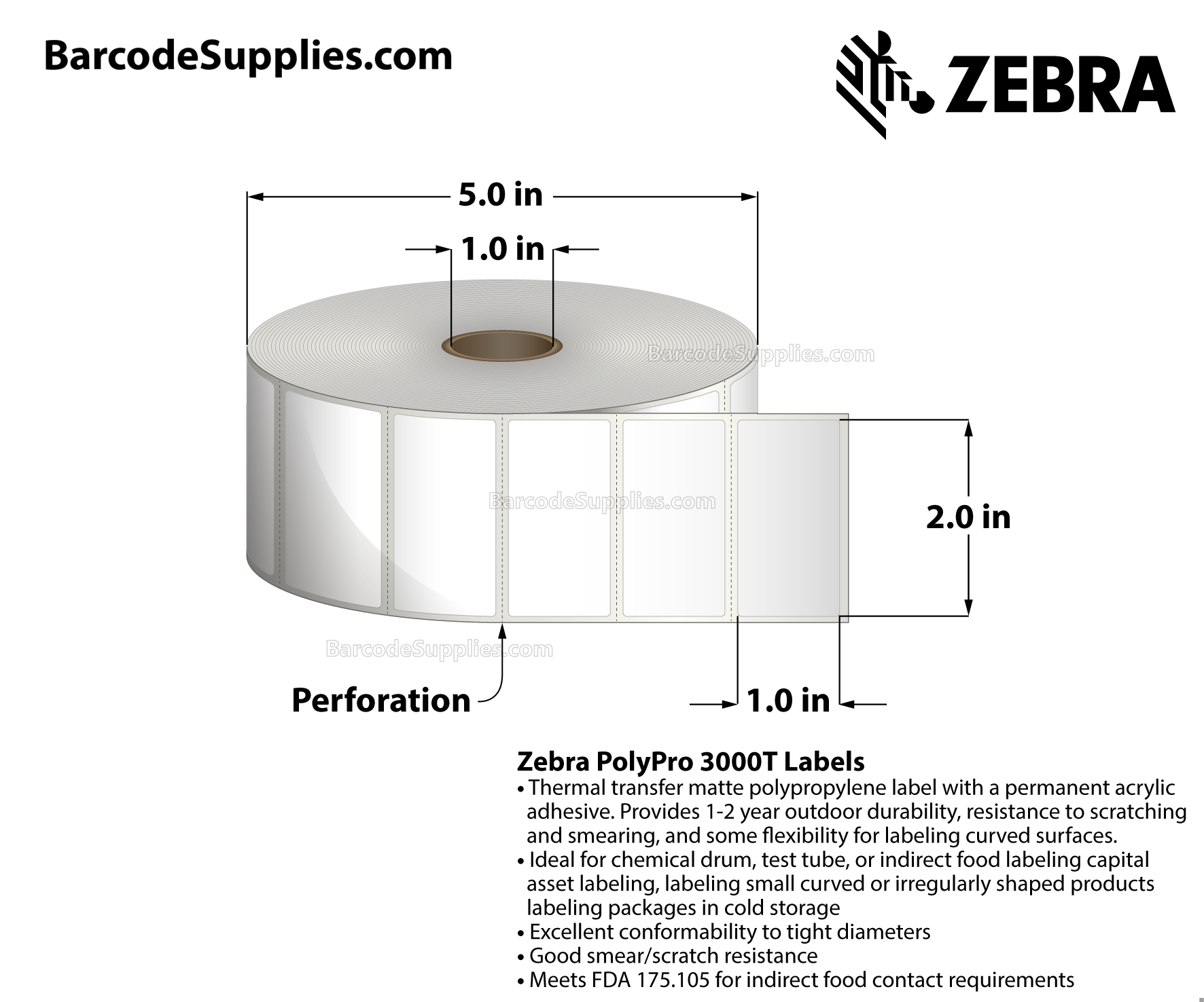 2 x 1 Thermal Transfer White PolyPro 3000T Labels With Permanent Adhesive - Perforated - 2100 Labels Per Roll - Carton Of 8 Rolls - 16800 Labels Total - MPN: 17154