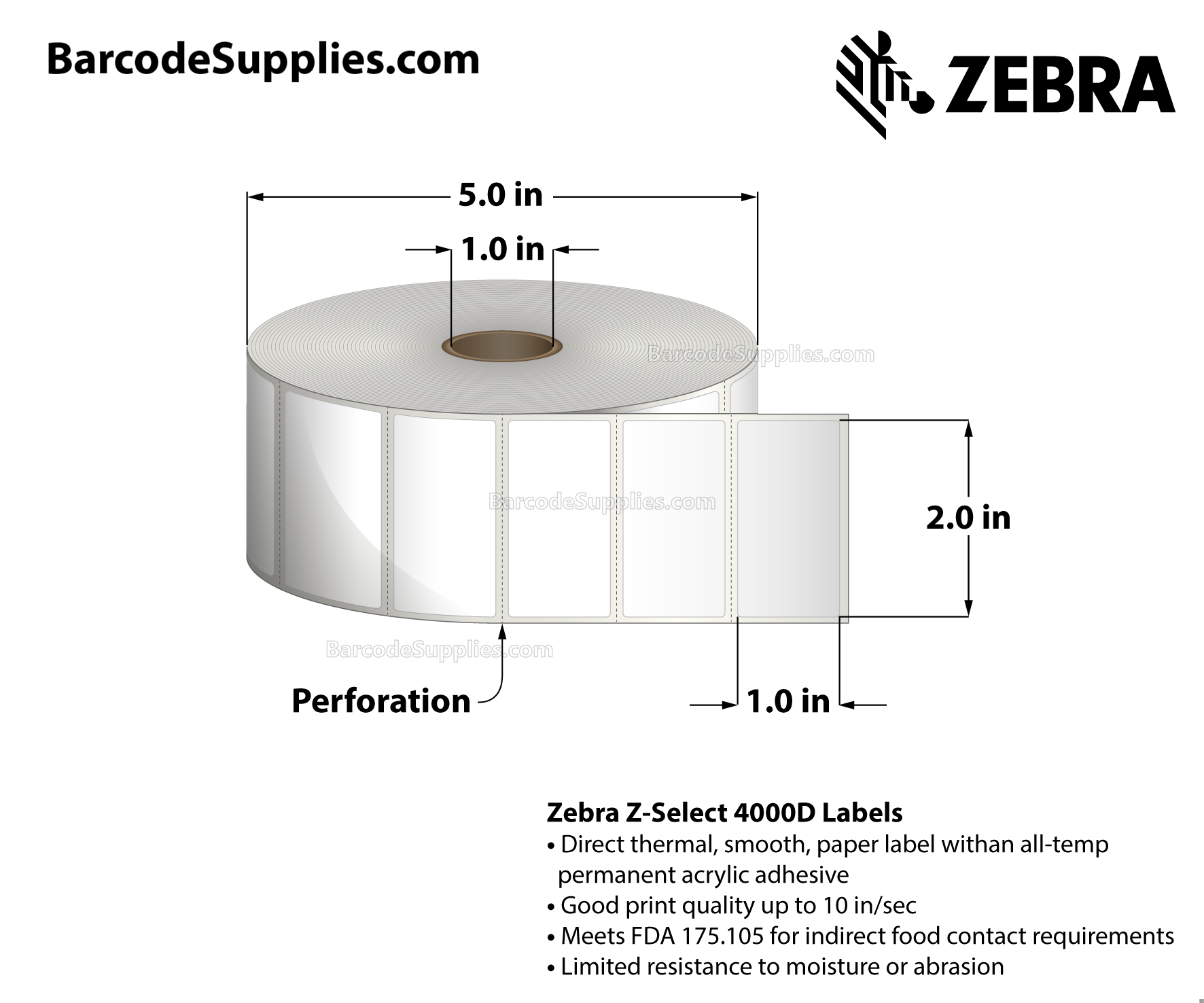 2 x 1 Direct Thermal White Z-Select 4000D Labels With All-Temp Adhesive - Perforated - 2340 Labels Per Roll - Carton Of 4 Rolls - 9360 Labels Total - MPN: 10010039