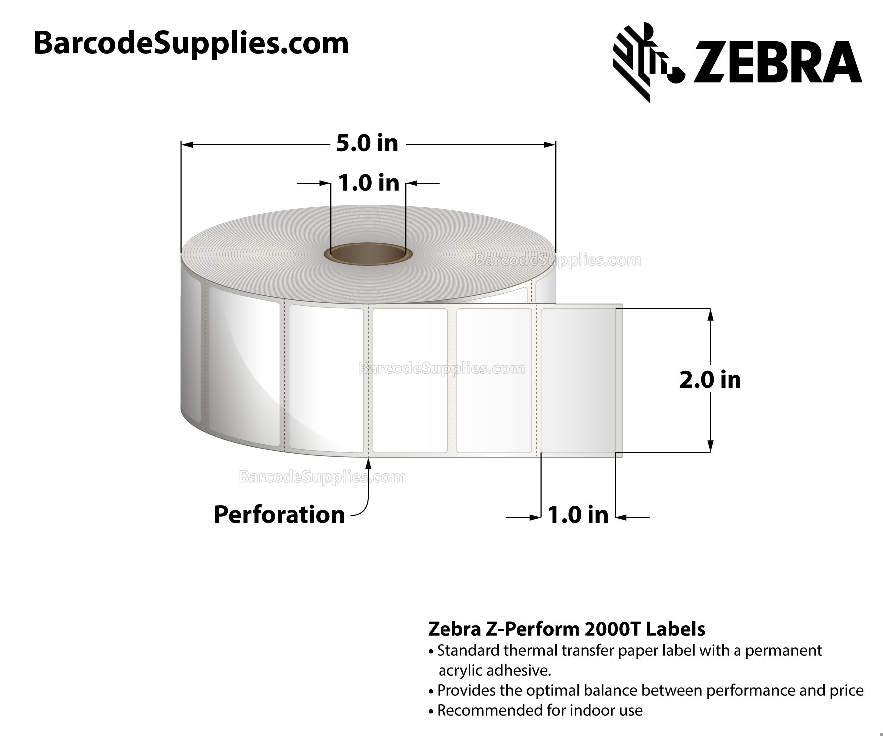 2 x 1 Thermal Transfer White Z-Perform 2000T Labels With Permanent Adhesive - Perforated - 2490 Labels Per Roll - Carton Of 6 Rolls - 14940 Labels Total - MPN: 10005850