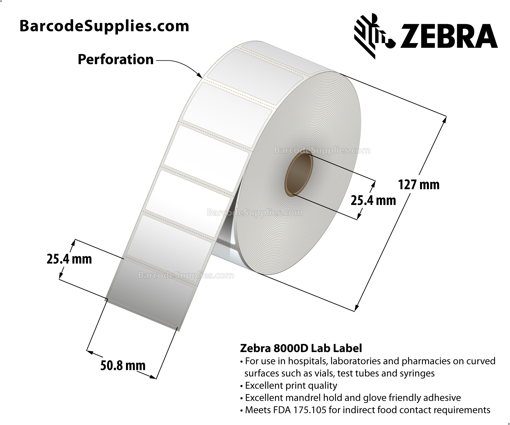 2 x 1 Direct Thermal White 8000D Lab Labels With Permanent Adhesive - Perforated - 2330 Labels Per Roll - Carton Of 6 Rolls - 13980 Labels Total - MPN: 10028318
