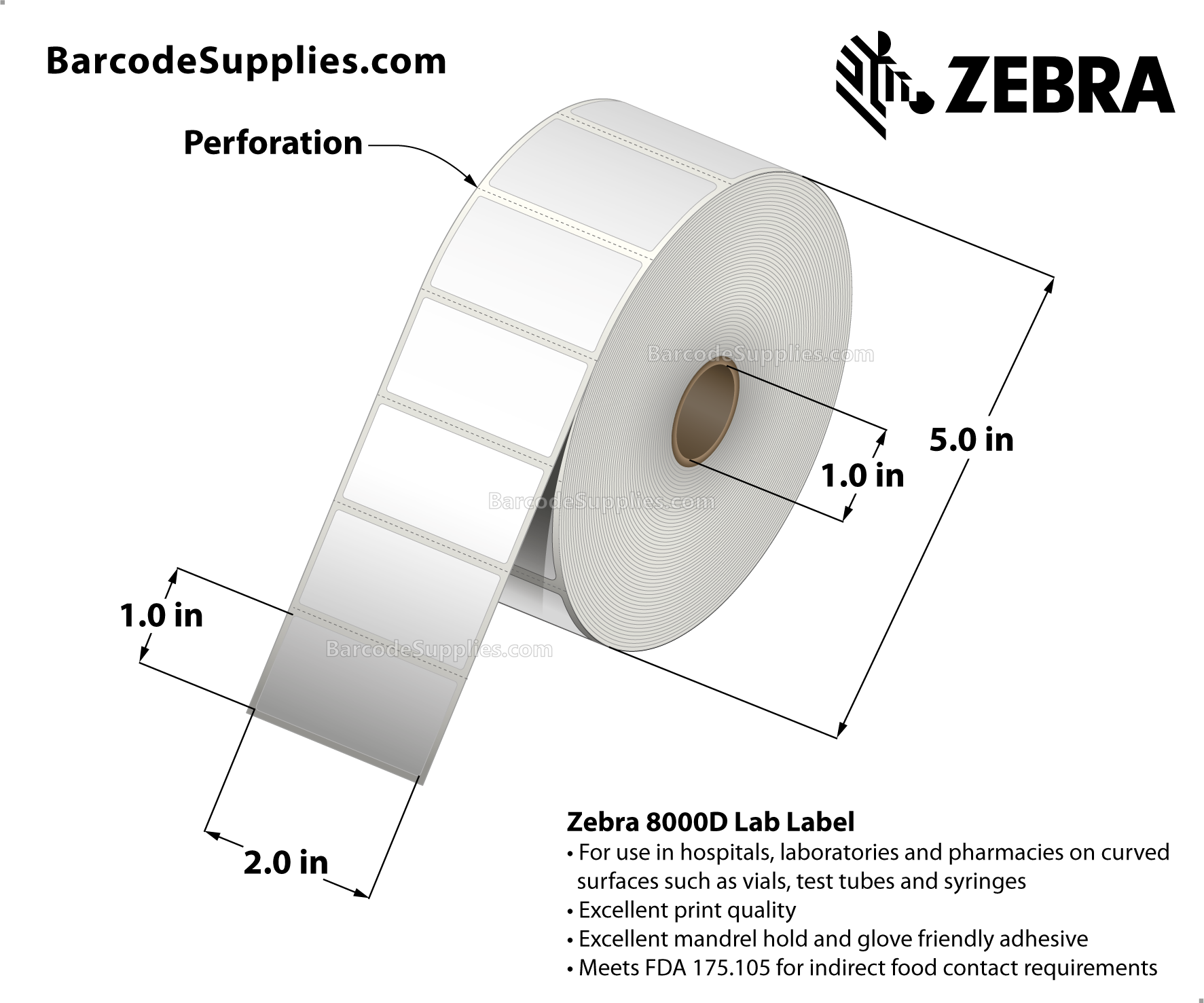 2 x 1 Direct Thermal White 8000D Lab Labels With Permanent Adhesive - Perforated - 2330 Labels Per Roll - Carton Of 6 Rolls - 13980 Labels Total - MPN: 10028318