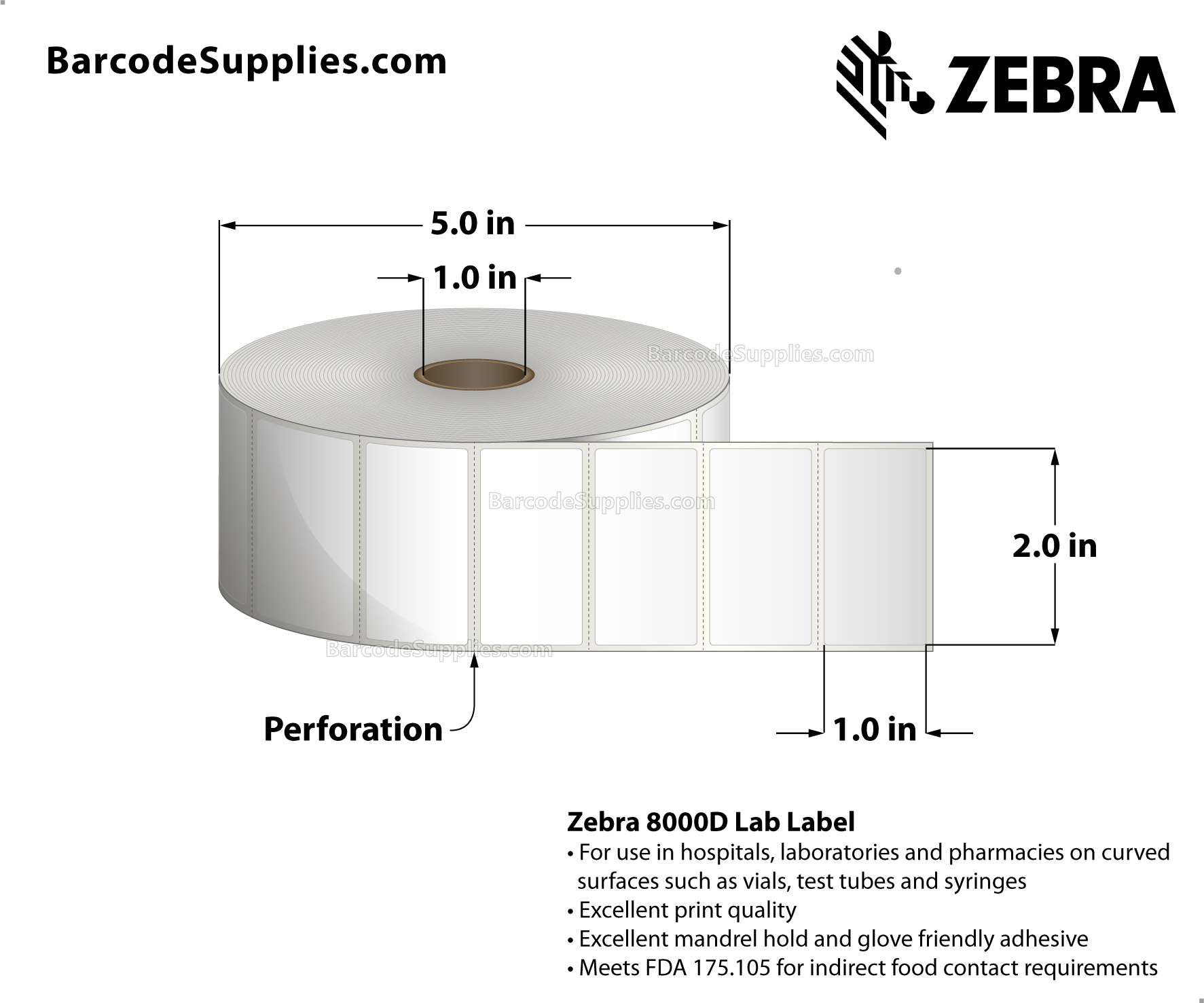 2 x 1 Direct Thermal White 8000D Lab Labels With Permanent Adhesive - Perforated - 2330 Labels Per Roll - Carton Of 6 Rolls - 13980 Labels Total - MPN: 10028318