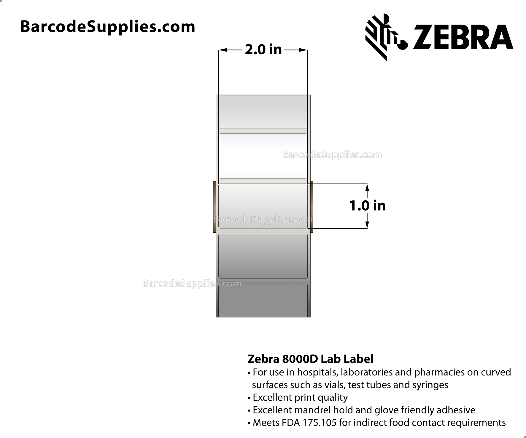 2 x 1 Direct Thermal White 8000D Lab Labels With Permanent Adhesive - Perforated - 2330 Labels Per Roll - Carton Of 6 Rolls - 13980 Labels Total - MPN: 10028318