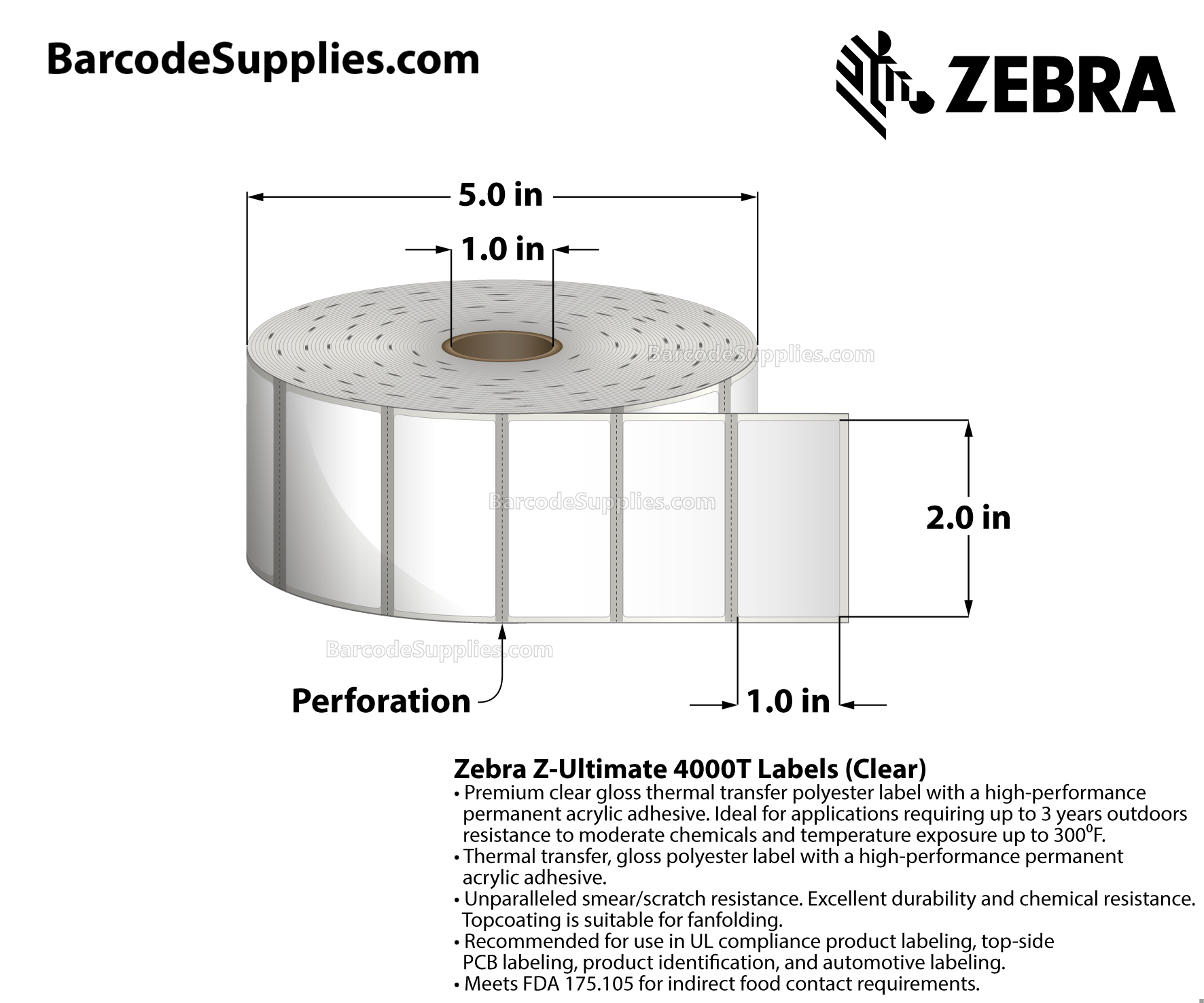 2 x 1 Thermal Transfer Clear Z-Ultimate 4000T Clear Labels With Permanent Adhesive - Black mark sensing - Black Mark - 1500 Labels Per Roll - Carton Of 1 Rolls - 1500 Labels Total - MPN: 10023044