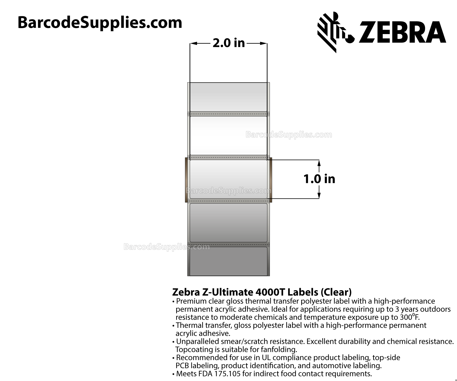 2 x 1 Thermal Transfer Clear Z-Ultimate 4000T Clear Labels With Permanent Adhesive - Black mark sensing - Black Mark - 1500 Labels Per Roll - Carton Of 1 Rolls - 1500 Labels Total - MPN: 10023044