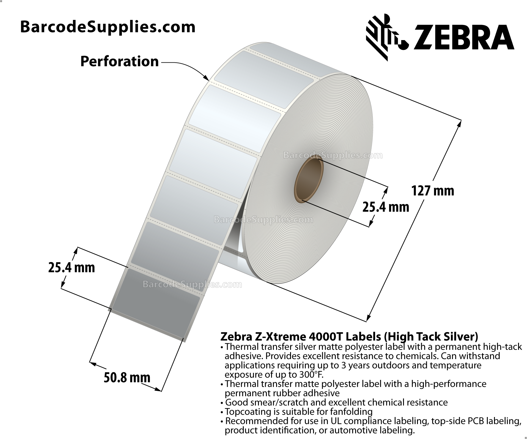 2 x 1 Thermal Transfer Silver Z-Xtreme 4000T High-Tack Silver Labels With High-tack Adhesive - Perforated - 1500 Labels Per Roll - Carton Of 1 Rolls - 1500 Labels Total - MPN: 10023174