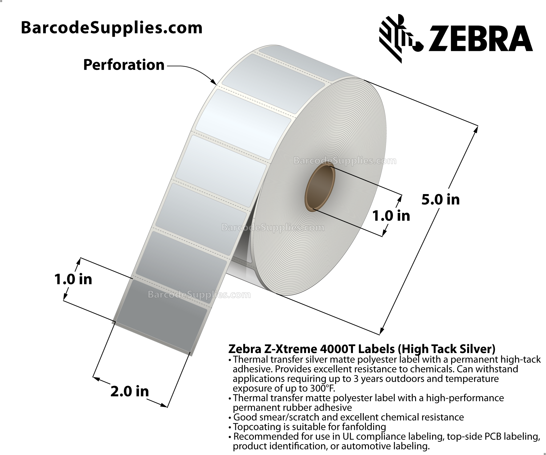 2 x 1 Thermal Transfer Silver Z-Xtreme 4000T High-Tack Silver Labels With High-tack Adhesive - Perforated - 1500 Labels Per Roll - Carton Of 1 Rolls - 1500 Labels Total - MPN: 10023174