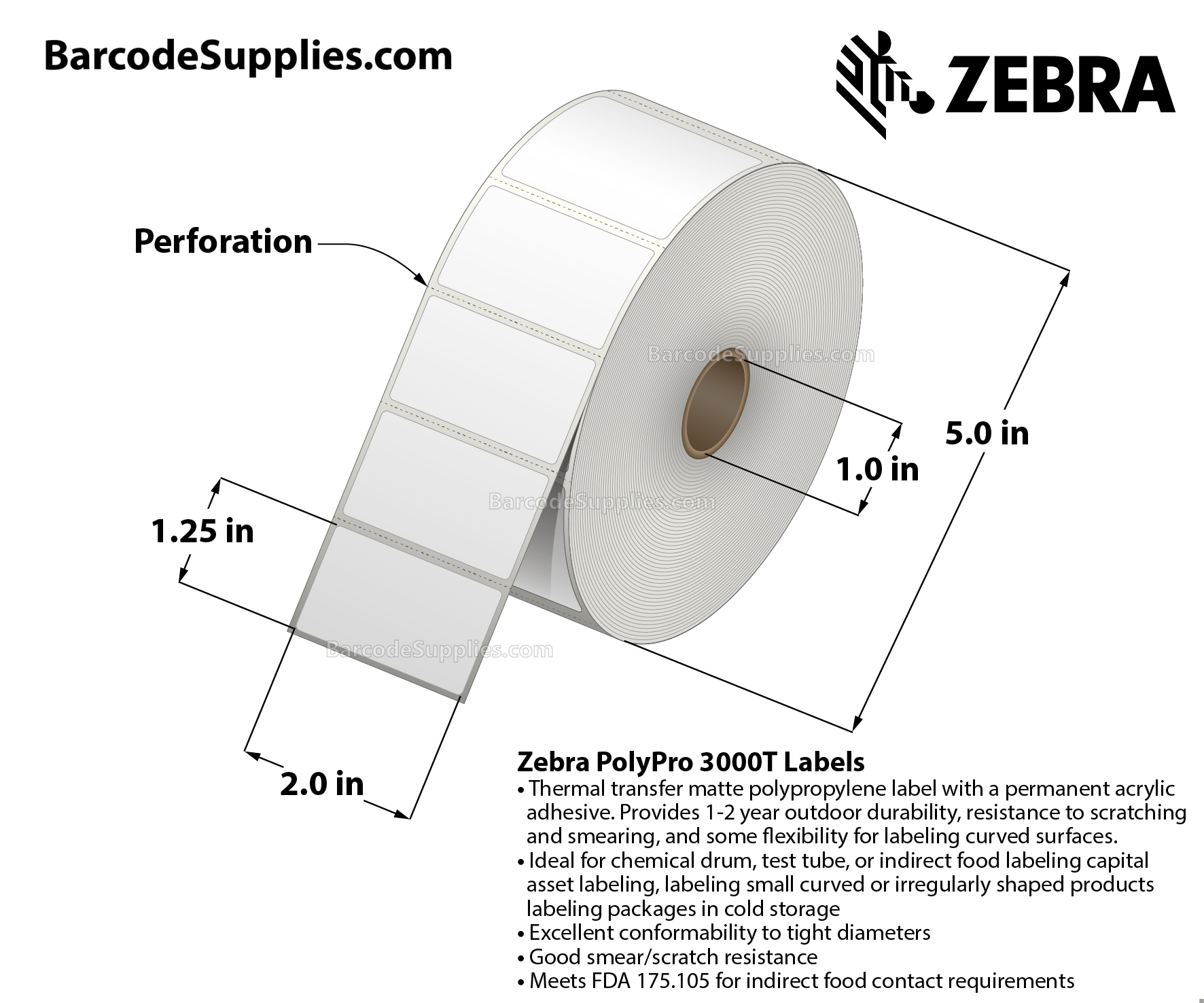 2 x 1.25 Thermal Transfer White PolyPro 3000T Labels With Permanent Adhesive - Perforated - 1720 Labels Per Roll - Carton Of 8 Rolls - 13760 Labels Total - MPN: 18925