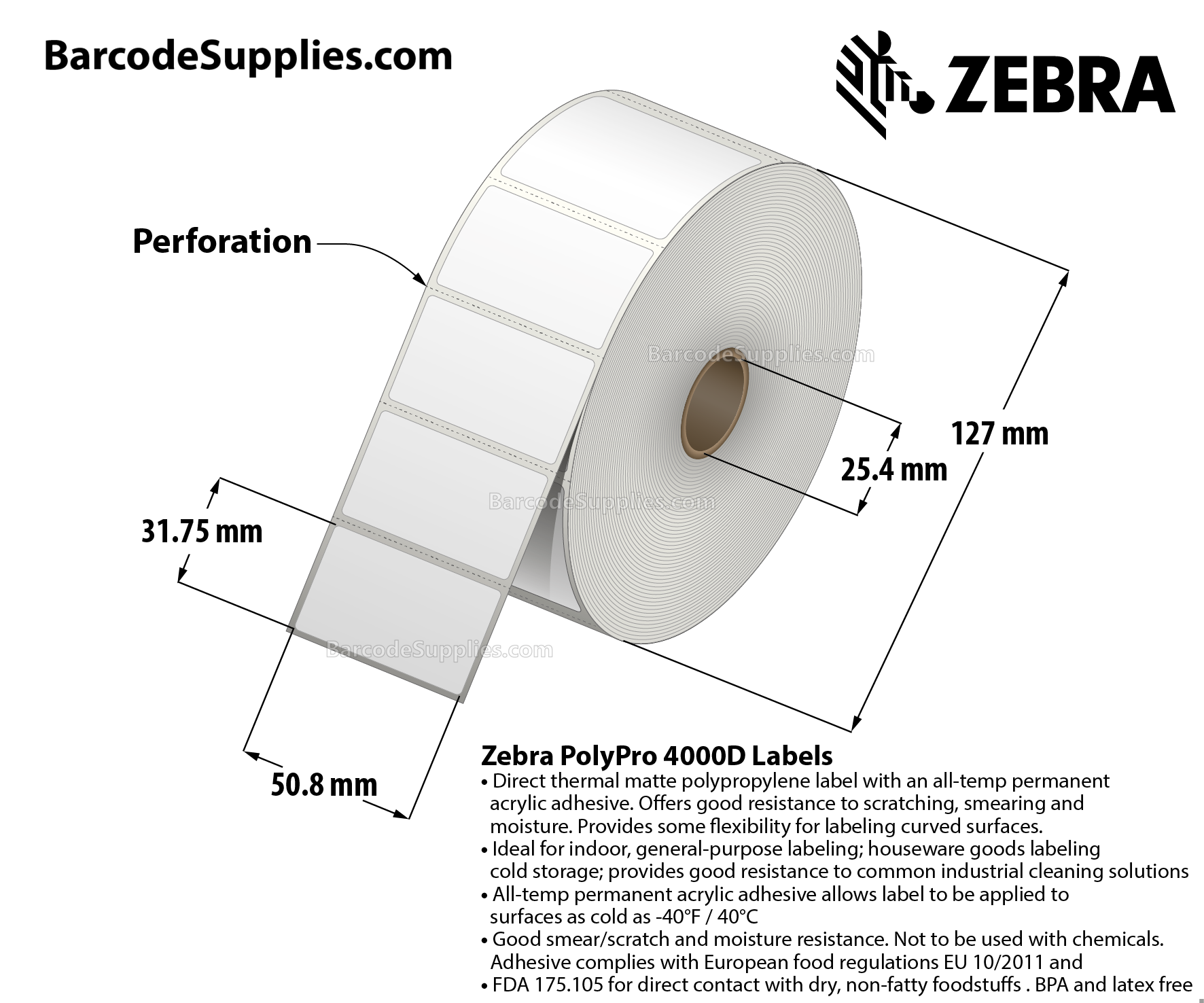 2 x 1.25 Direct Thermal White PolyPro 4000D (with protective overvarnish) Labels With All-Temp Adhesive - Perforated - 2189 Labels Per Roll - Carton Of 8 Rolls - 17512 Labels Total - MPN: 10028821