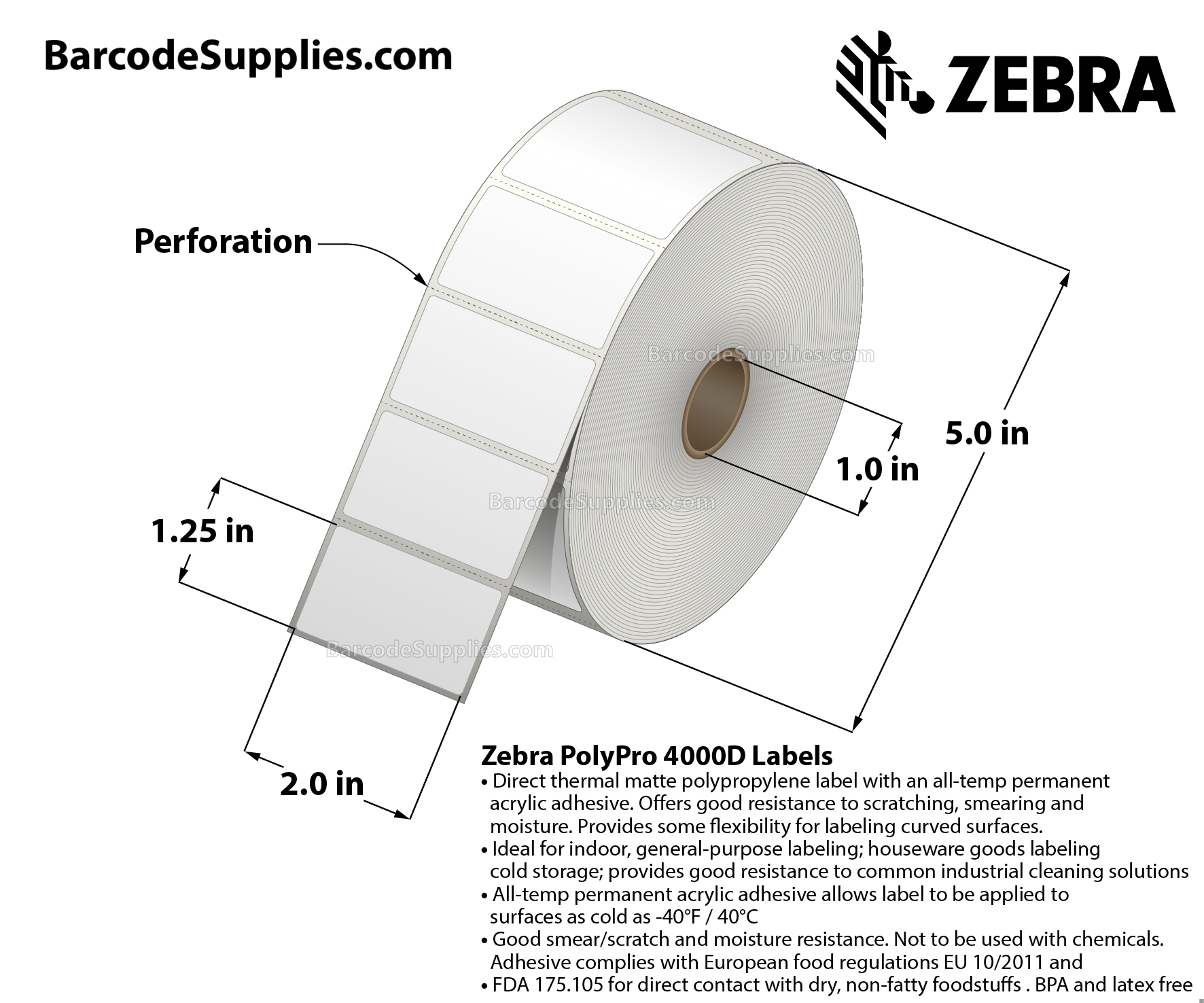 2 x 1.25 Direct Thermal White PolyPro 4000D (with protective overvarnish) Labels With All-Temp Adhesive - Perforated - 2189 Labels Per Roll - Carton Of 8 Rolls - 17512 Labels Total - MPN: 10028821