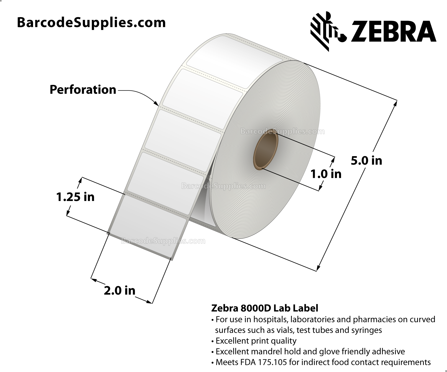 2 x 1.25 Direct Thermal White 8000D Lab Labels With Permanent Adhesive - Perforated - 1000 Labels Per Roll - Carton Of 6 Rolls - 6000 Labels Total - MPN: 10025358