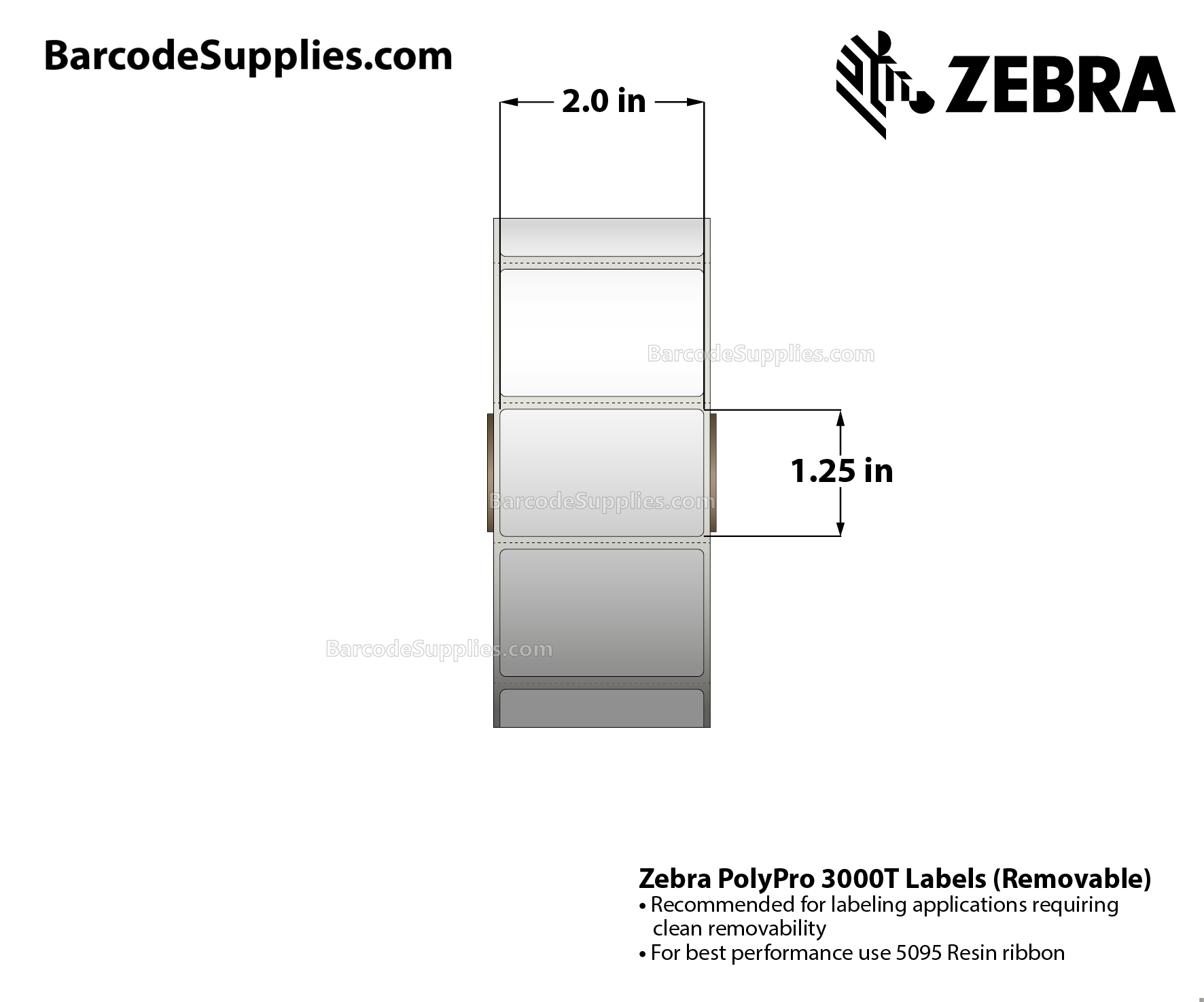 2 x 1.25 Thermal Transfer White PolyPro 3000T Gloss Removable Labels With Removable Adhesive - Perforated - 1410 Labels Per Roll - Carton Of 8 Rolls - 11280 Labels Total - MPN: 10032211