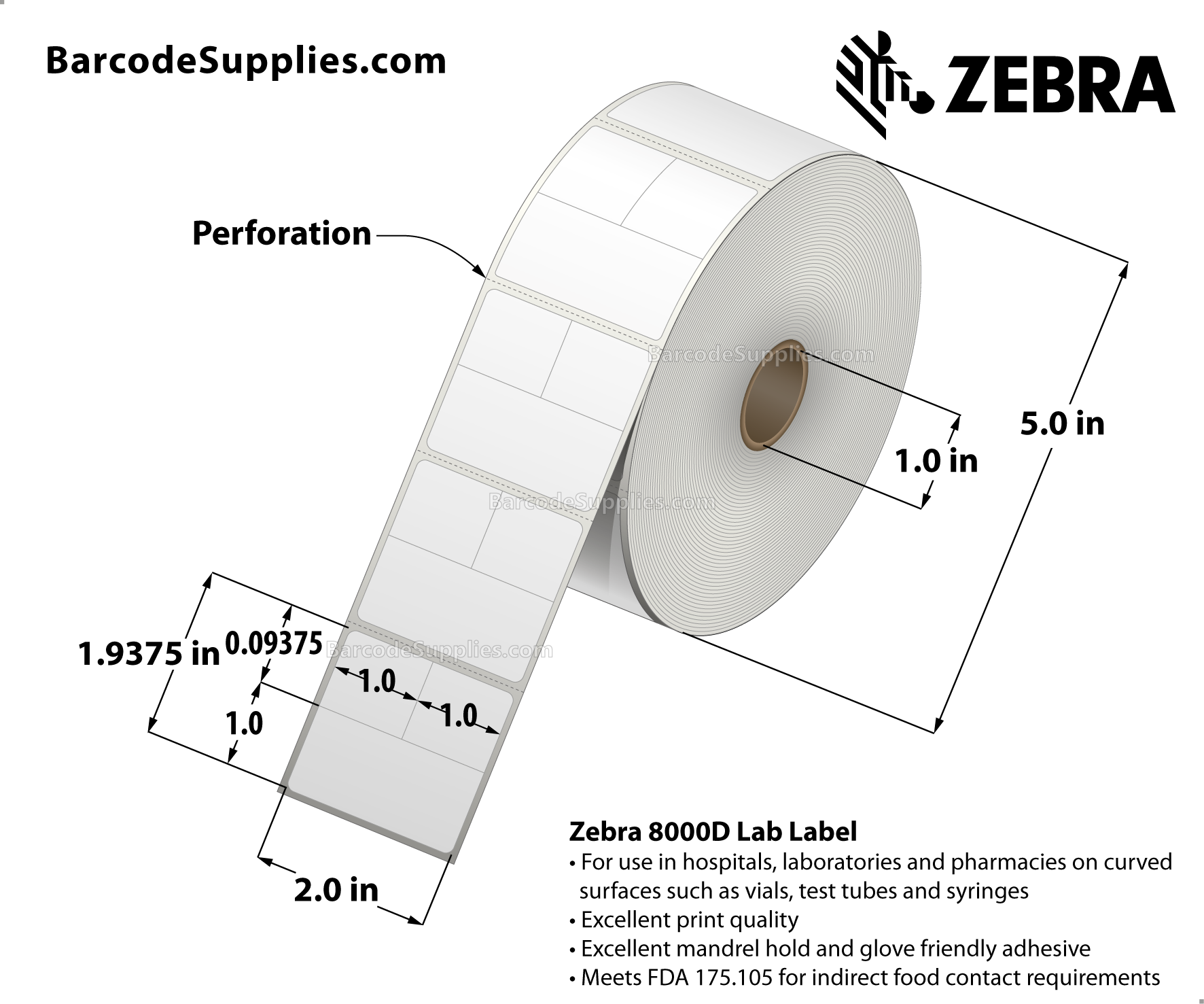 2 x 1.9375 Direct Thermal White 8000D Lab Labels With Permanent Adhesive - Slits through facestock create three labels: (2) 1x0.9375 labels and (2) 2x1 labels - Perforated - 1000 Labels Per Roll - Carton Of 6 Rolls - 6000 Labels Total - MPN: 10025482