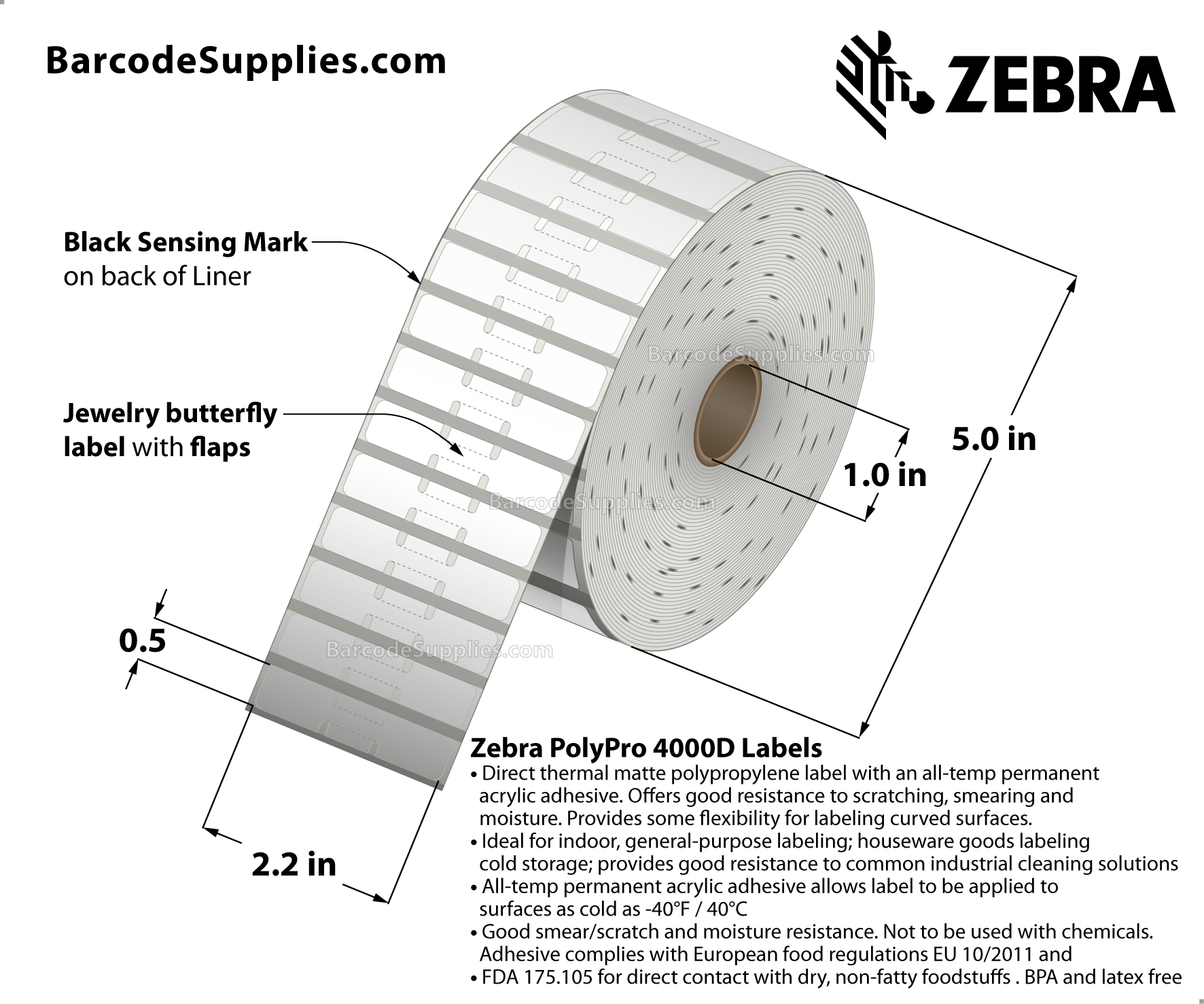 2.2 x 0.5 Direct Thermal White PolyPro 4000D (Jewelry Butterfly Label with flaps) Labels With All-Temp Adhesive - Not Perforated - 4400 Labels Per Roll - Carton Of 6 Rolls - 26400 Labels Total - MPN: 10010062