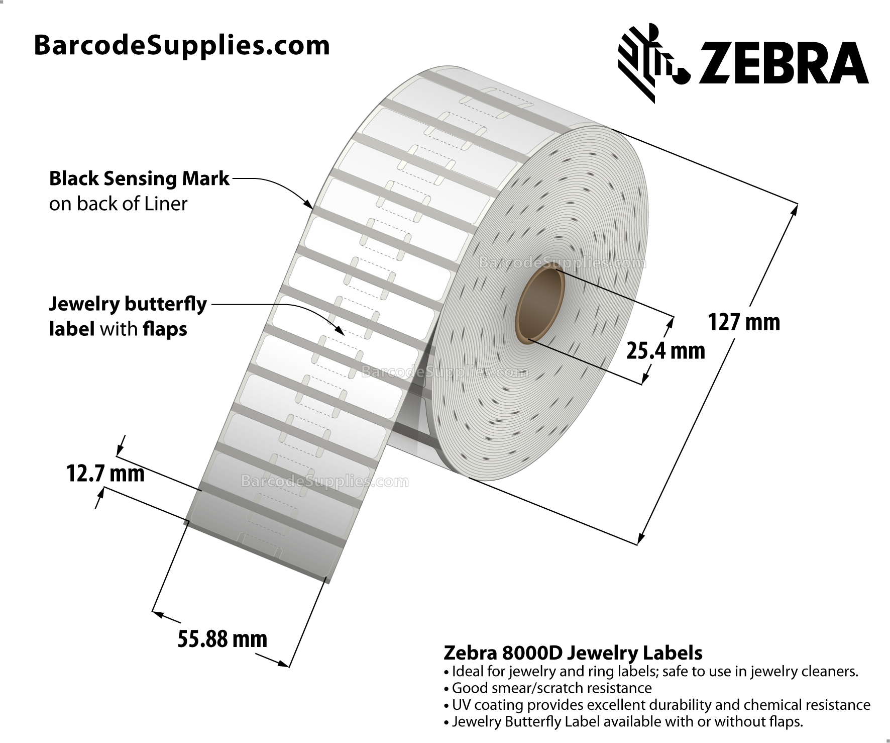 2.2 x 0.5 Direct Thermal White 8000D Jewelry (Jewelry Butterfly Label with flaps) Labels With Permanent Adhesive - Black mark sensing - Not Perforated - 3510 Labels Per Roll - Carton Of 6 Rolls - 21060 Labels Total - MPN: 10010065