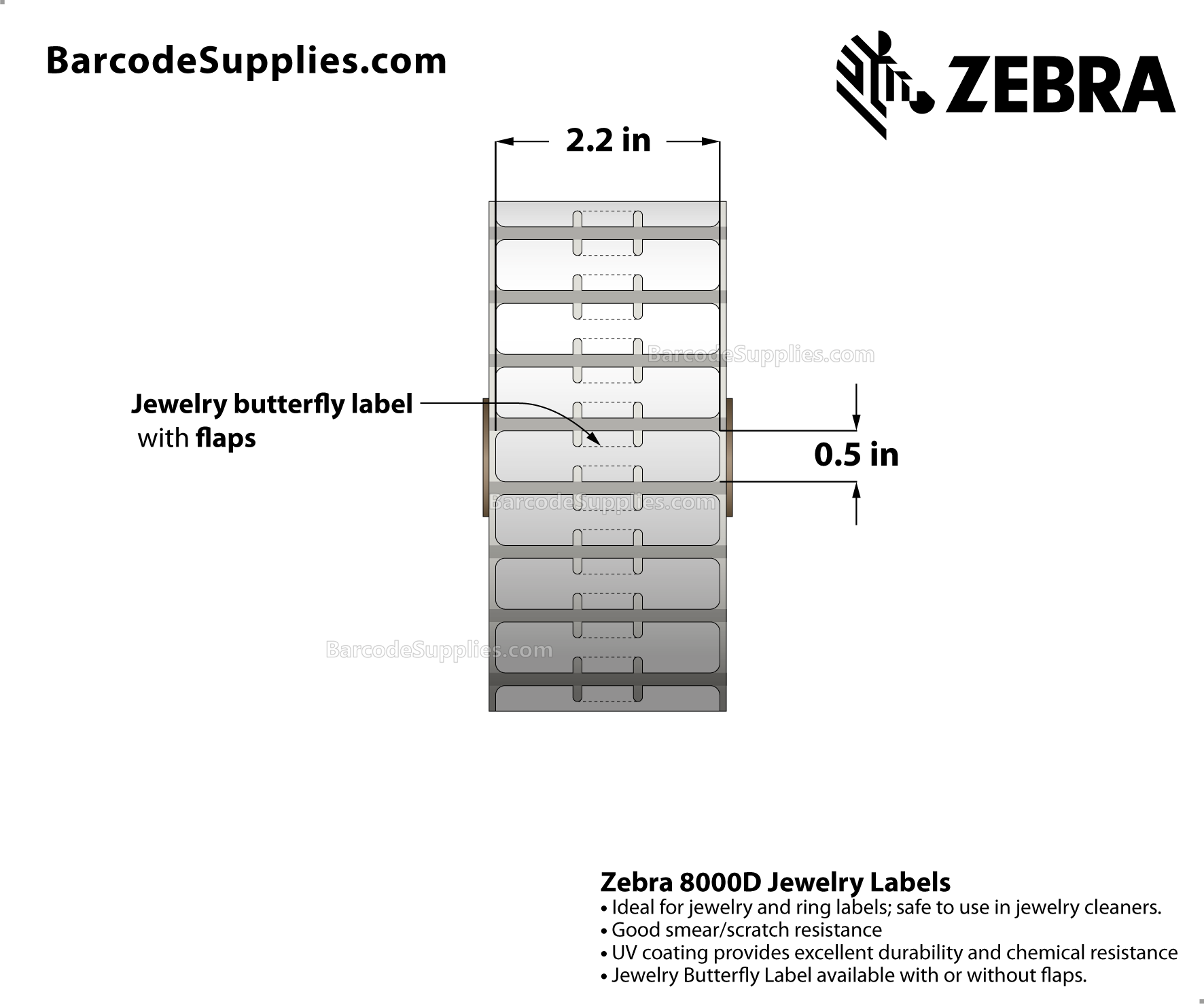 Zebra 8000D Butterfly Label with Flaps, 2.2 x 0.5in, Direct Thermal, 6  Rolls/Case