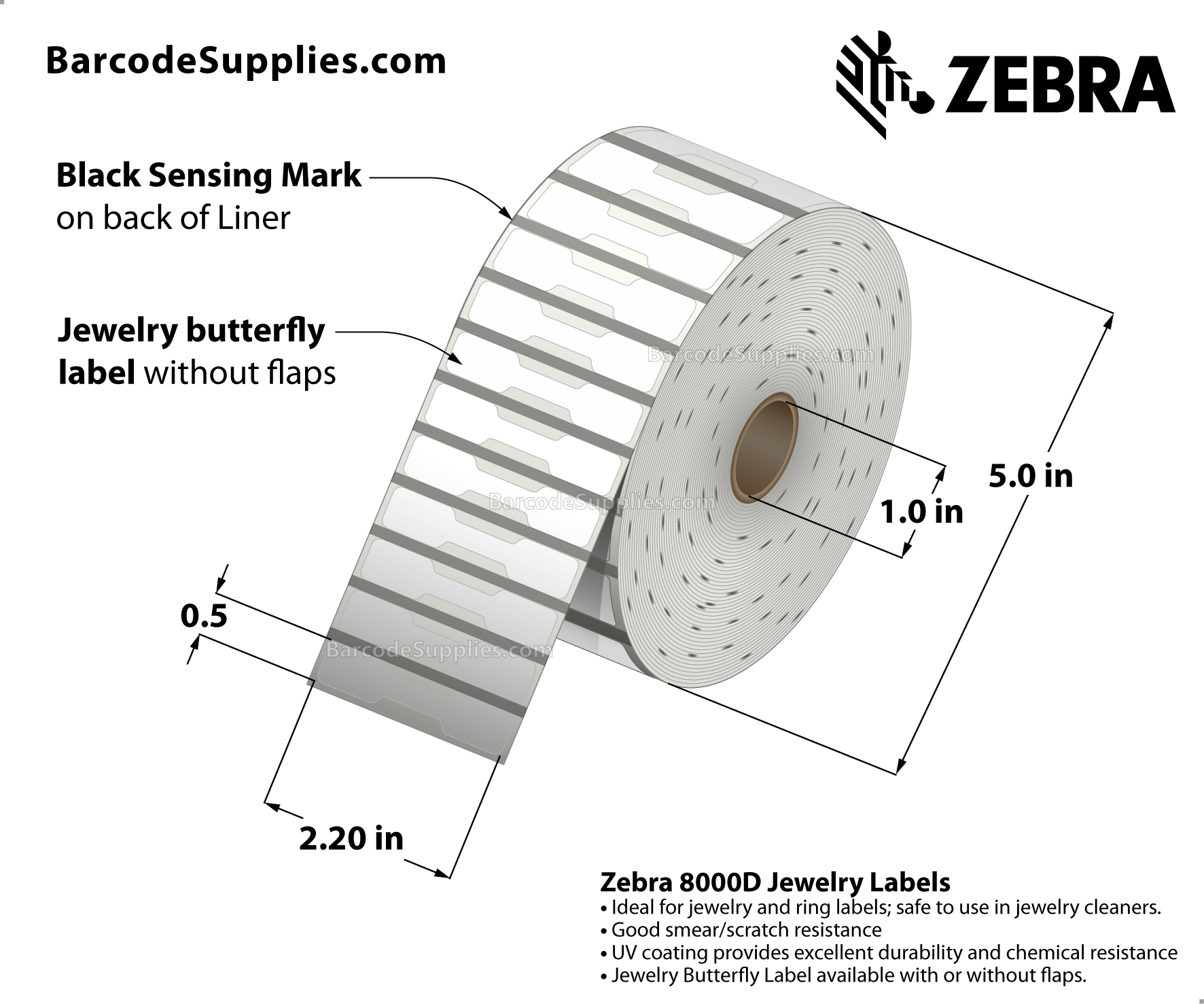2.2 x 0.5 Direct Thermal White 8000D Jewelry (Jewelry Butterfly Label w/o flaps) Labels With Permanent Adhesive - Black mark sensing - Not Perforated - 3510 Labels Per Roll - Carton Of 6 Rolls - 21060 Labels Total - MPN: 10010064