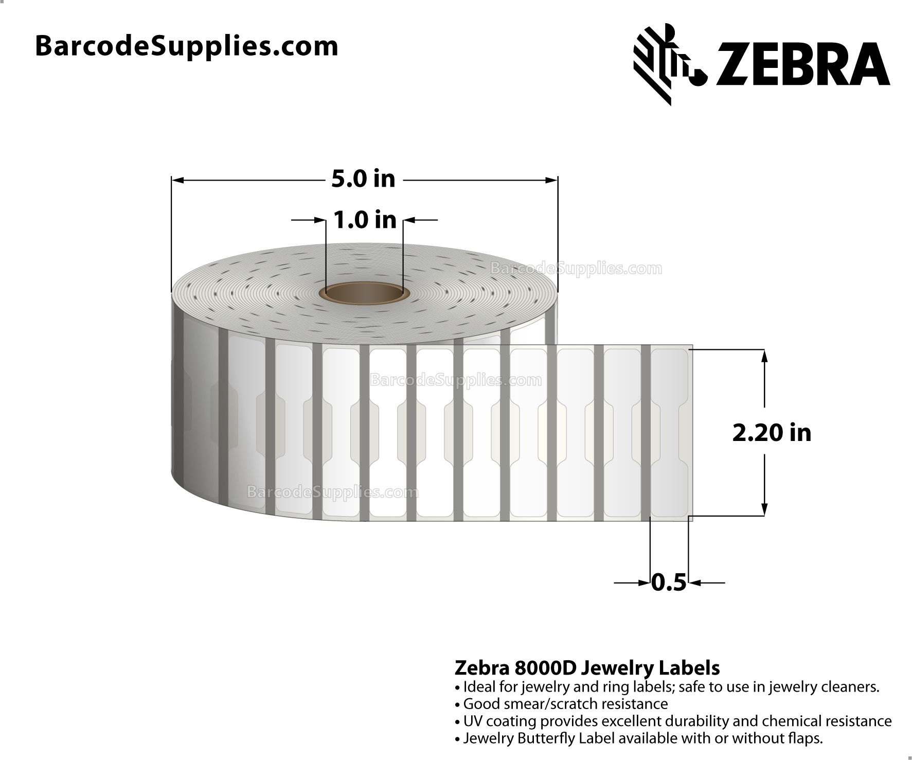 Zebra 2.20 x 0.50 Direct Thermal Labels 8000D Jewelry (Jewelry Butterfly  Label w/o flaps) 1" Core Rolls 21060 Labels