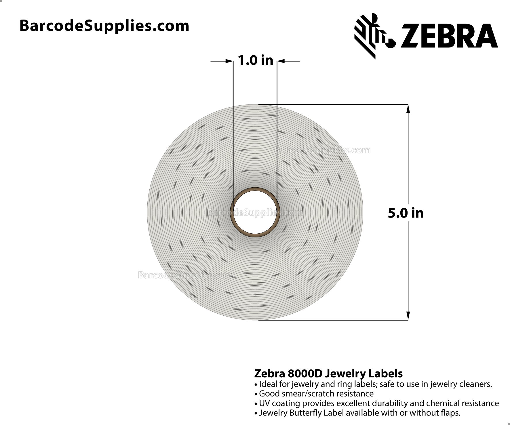 Zebra 2.20 x 0.50 Direct Thermal Labels - 8000D Jewelry (Jewelry Butterfly  Label w/o flaps) - 1 Core Rolls - 21060 Labels