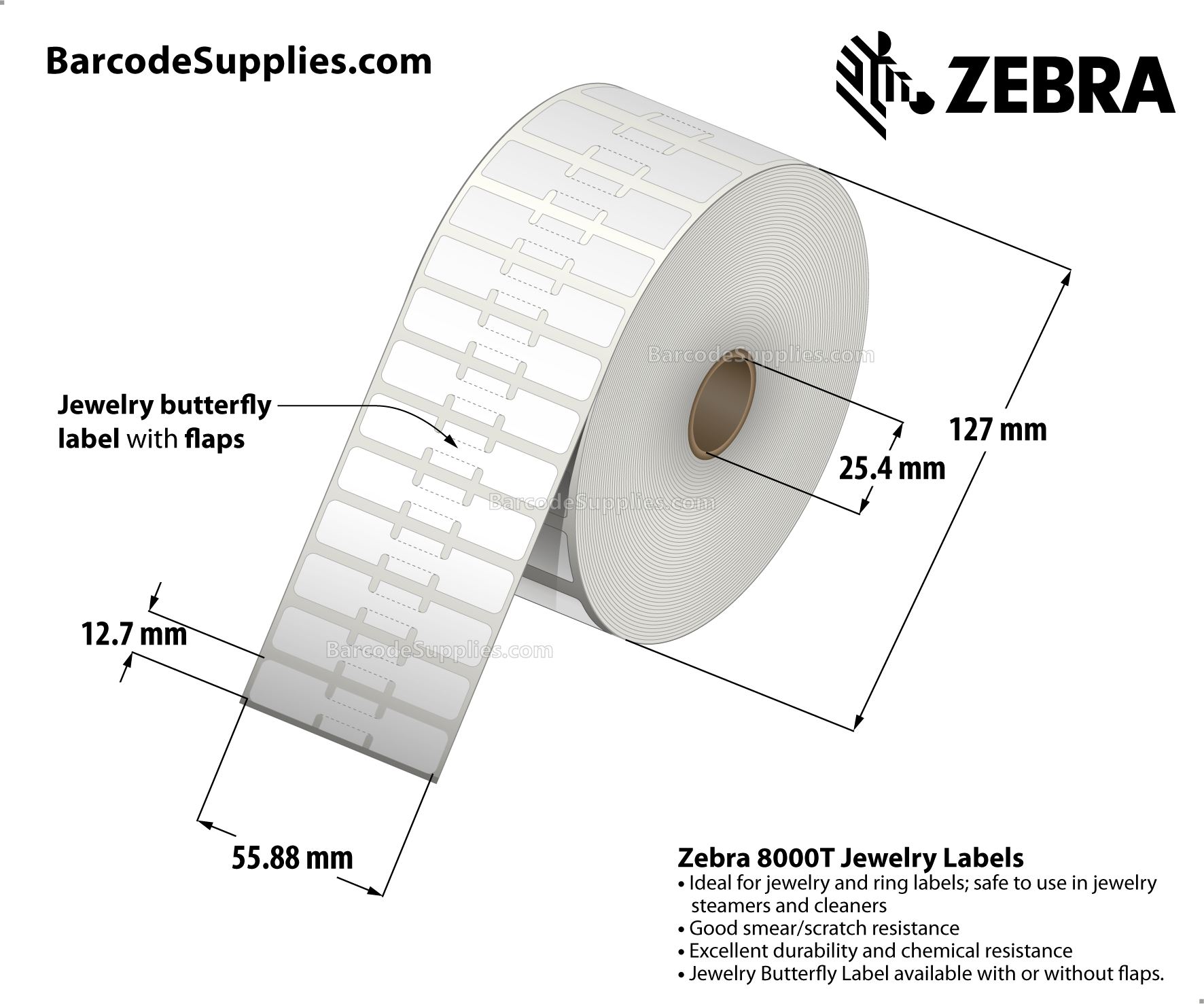 2.2 x 0.5 Thermal Transfer White 8000T Jewelry (Jewelry Butterfly Label with flaps) Labels With Permanent Adhesive - Not Perforated - 3510 Labels Per Roll - Carton Of 6 Rolls - 21060 Labels Total - MPN: 10010067