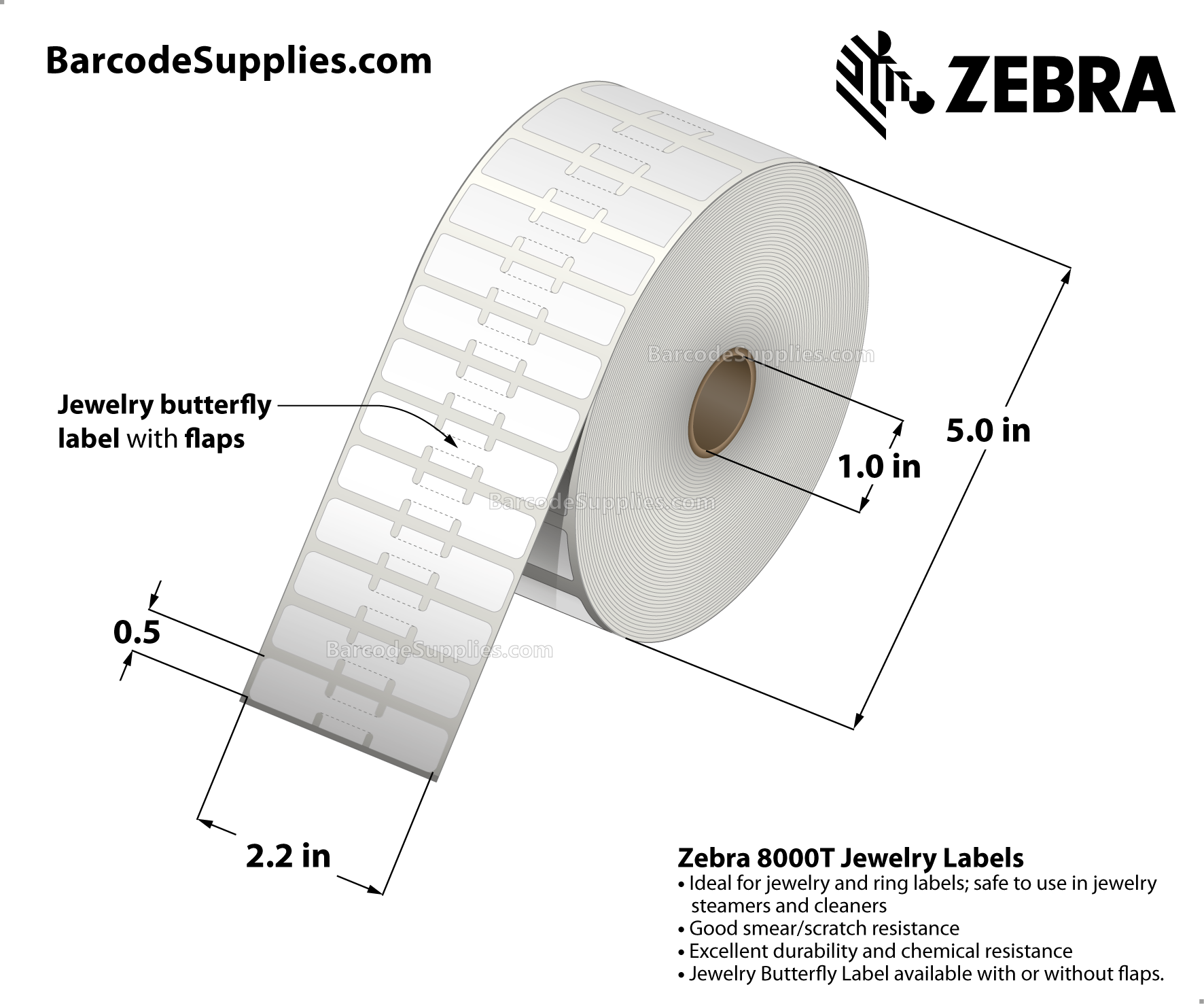 2.2 x 0.5 Thermal Transfer White 8000T Jewelry (Jewelry Butterfly Label with flaps) Labels With Permanent Adhesive - Not Perforated - 3510 Labels Per Roll - Carton Of 6 Rolls - 21060 Labels Total - MPN: 10010067