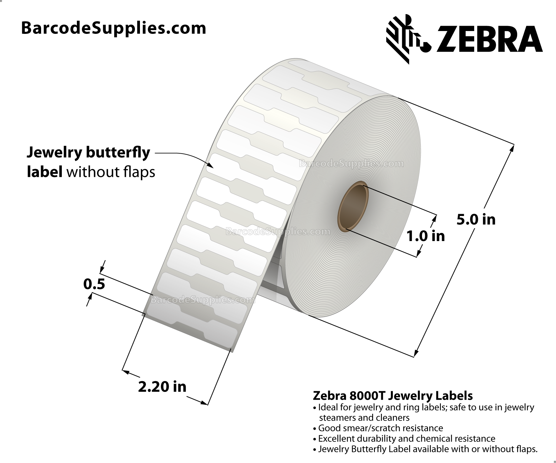 2.2 x 0.5 Thermal Transfer White 8000T Jewelry (Jewelry Butterfly Label w/o flaps) Labels With Permanent Adhesive - Not Perforated - 3510 Labels Per Roll - Carton Of 6 Rolls - 21060 Labels Total - MPN: 10010066