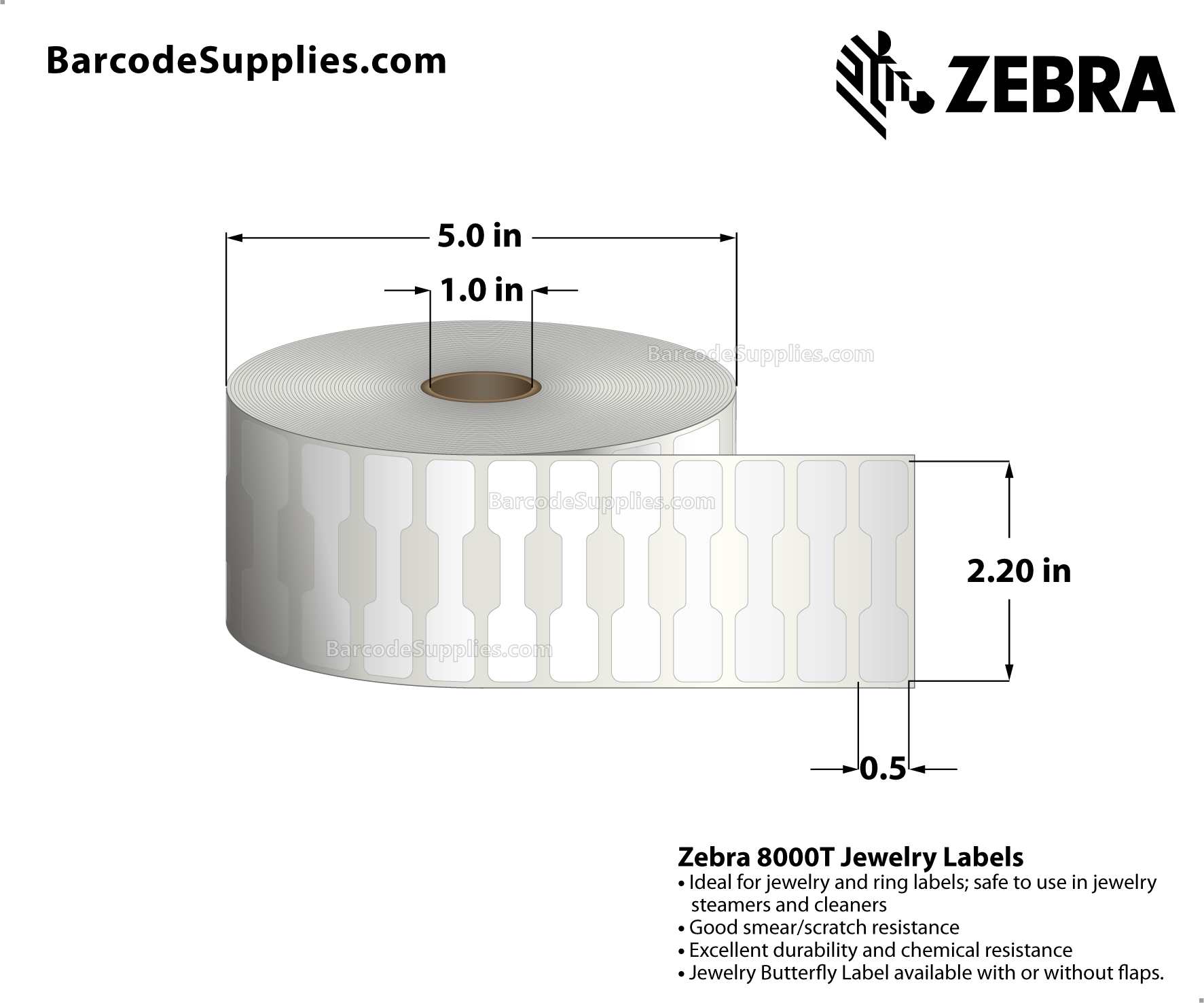2.2 x 0.5 Thermal Transfer White 8000T Jewelry (Jewelry Butterfly Label w/o flaps) Labels With Permanent Adhesive - Not Perforated - 3510 Labels Per Roll - Carton Of 6 Rolls - 21060 Labels Total - MPN: 10010066