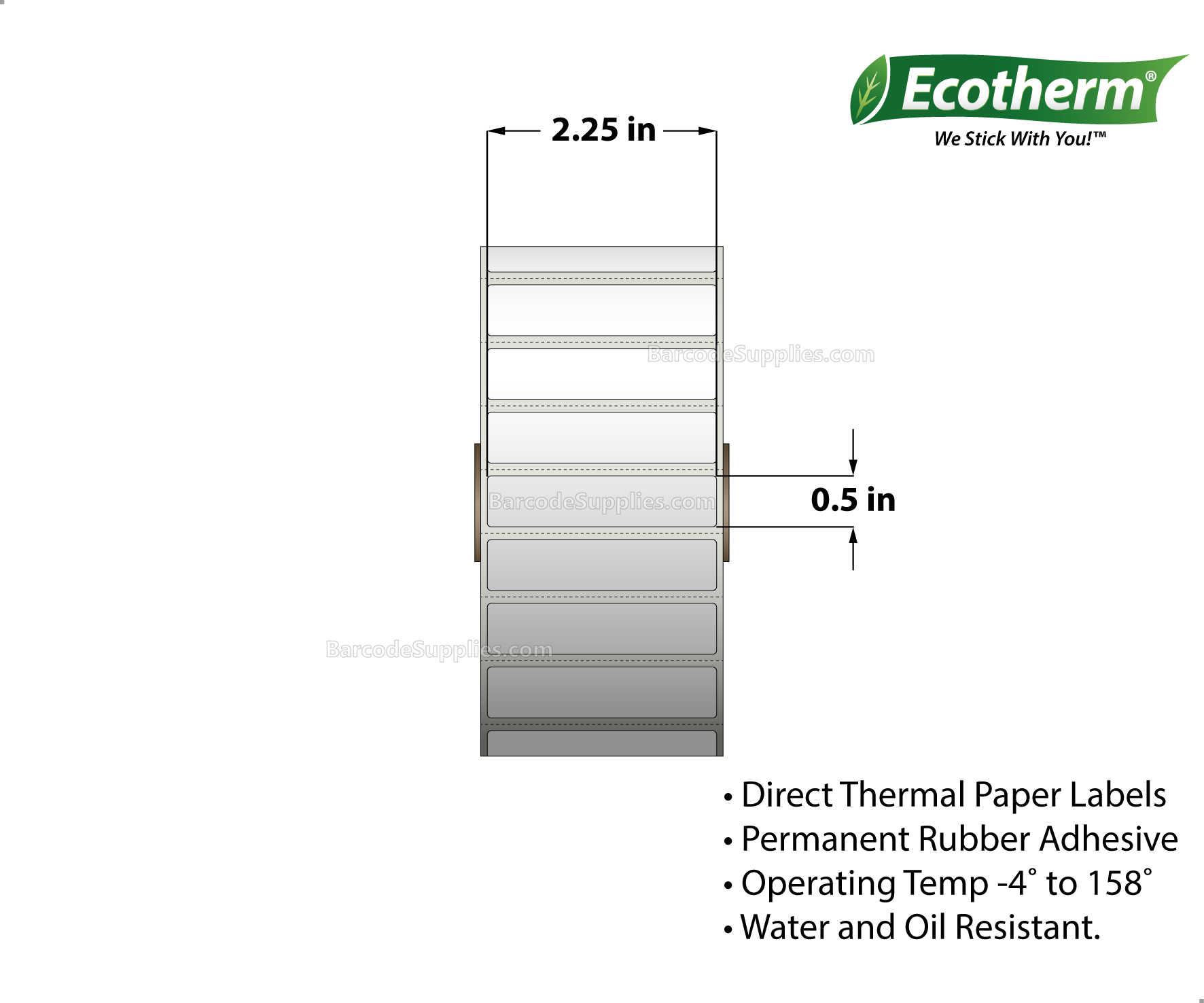 2.25 x 0.5 Direct Thermal White Labels With Rubber Adhesive - Perforated - 4200 Labels Per Roll - Carton Of 6 Rolls - 25200 Labels Total - MPN: ECOTHERM15124-6
