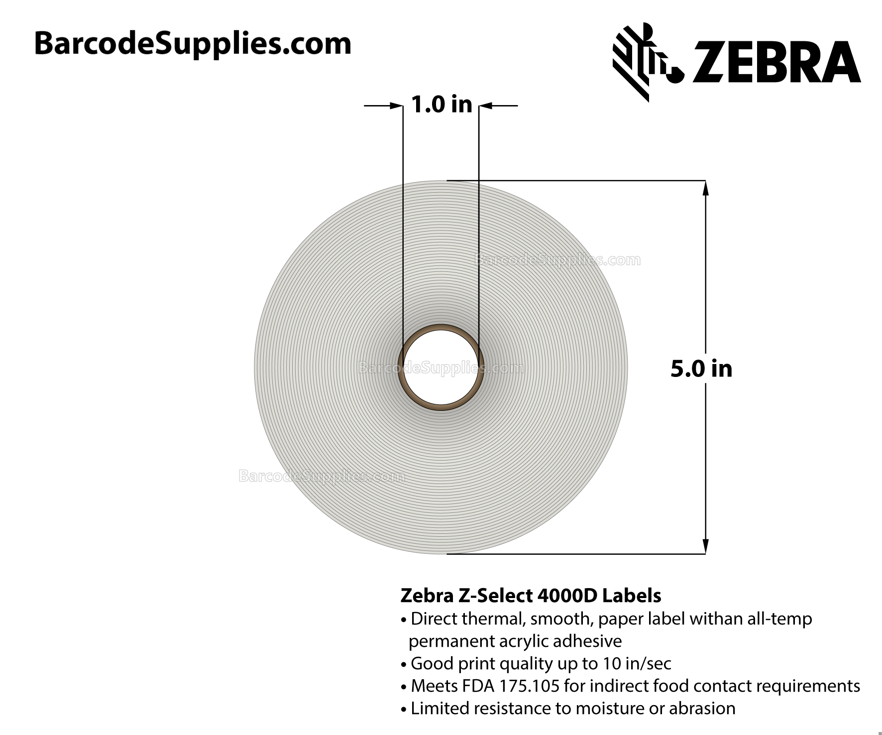2.25 x 0.5 Direct Thermal White Z-Select 4000D Labels With All-Temp Adhesive - Perforated - 4200 Labels Per Roll - Carton Of 4 Rolls - 16800 Labels Total - MPN: 10010040
