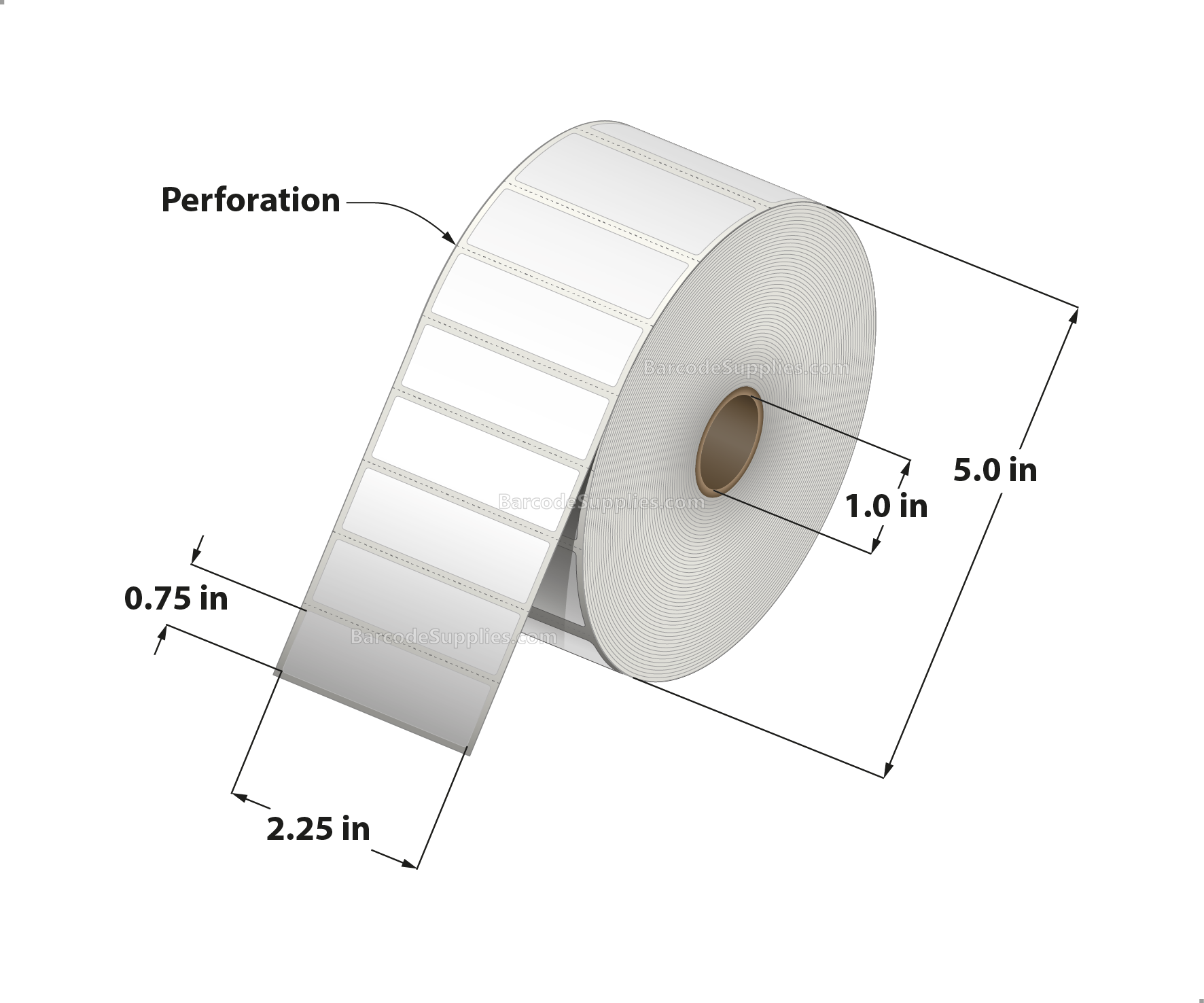 2.25 x 0.75 Thermal Transfer White Labels With Permanent Acrylic Adhesive - Perforated - 3000 Labels Per Roll - Carton Of 4 Rolls - 12000 Labels Total - MPN: TH22575-15PTT