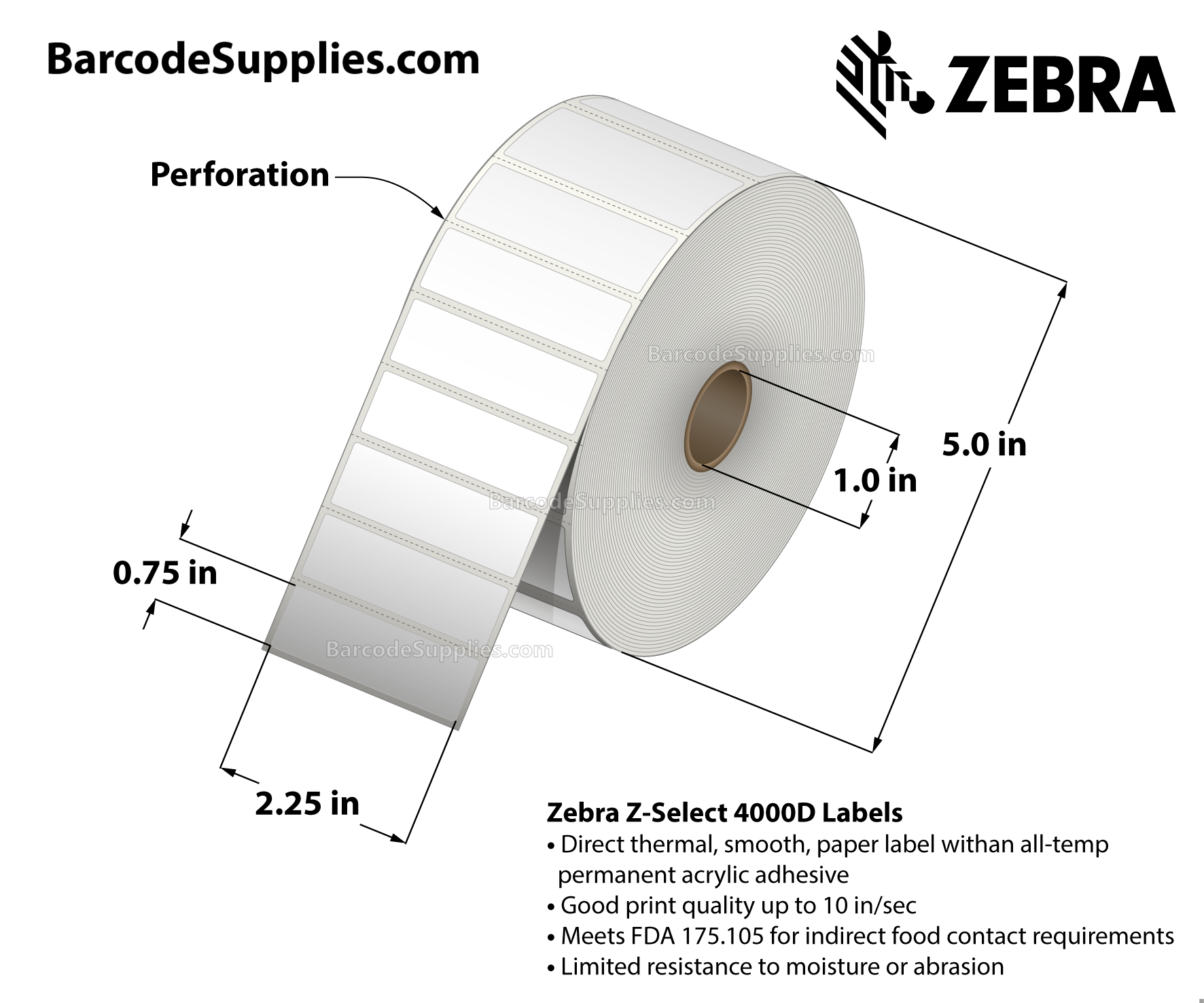 2.25 x 0.75 Direct Thermal White Z-Select 4000D Labels With Permanent Adhesive - Perforated - 3315 Labels Per Roll - Carton Of 12 Rolls - 39780 Labels Total - MPN: 10015340
