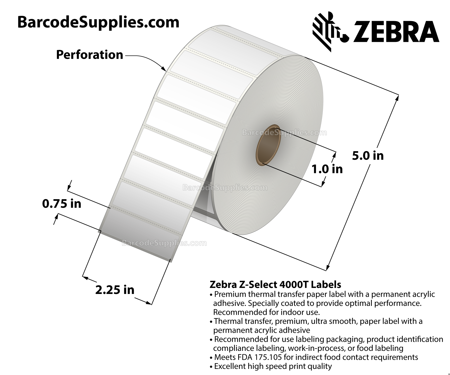 2.25 x 0.75 Thermal Transfer White Z-Select 4000T Labels With Permanent Adhesive - Perforated - 3320 Labels Per Roll - Carton Of 6 Rolls - 19920 Labels Total - MPN: 10009524