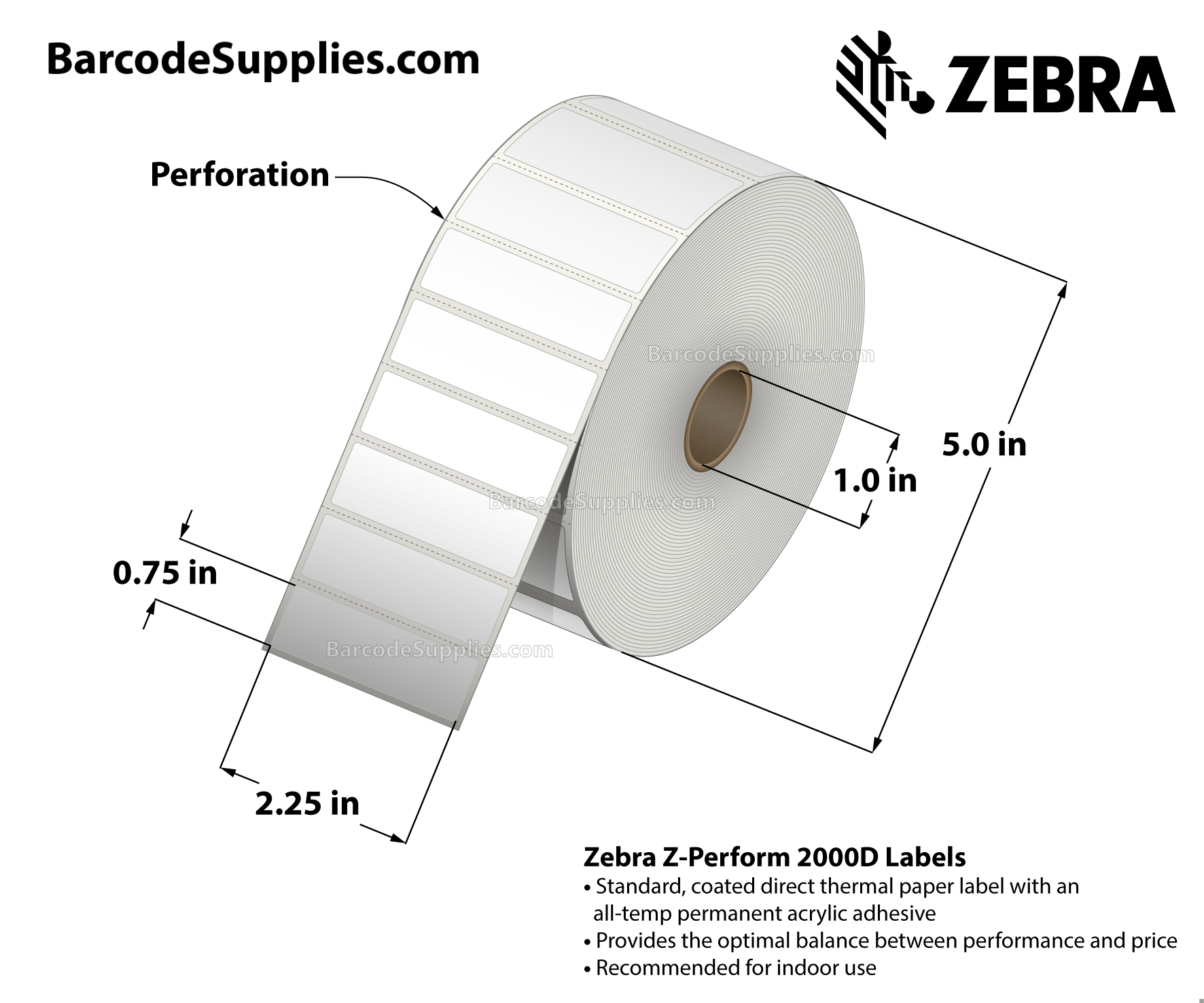 2.25 x 0.75 Direct Thermal White Z-Perform 2000D Labels With All-Temp Adhesive - Perforated - 3315 Labels Per Roll - Carton Of 12 Rolls - 39780 Labels Total - MPN: 10015785