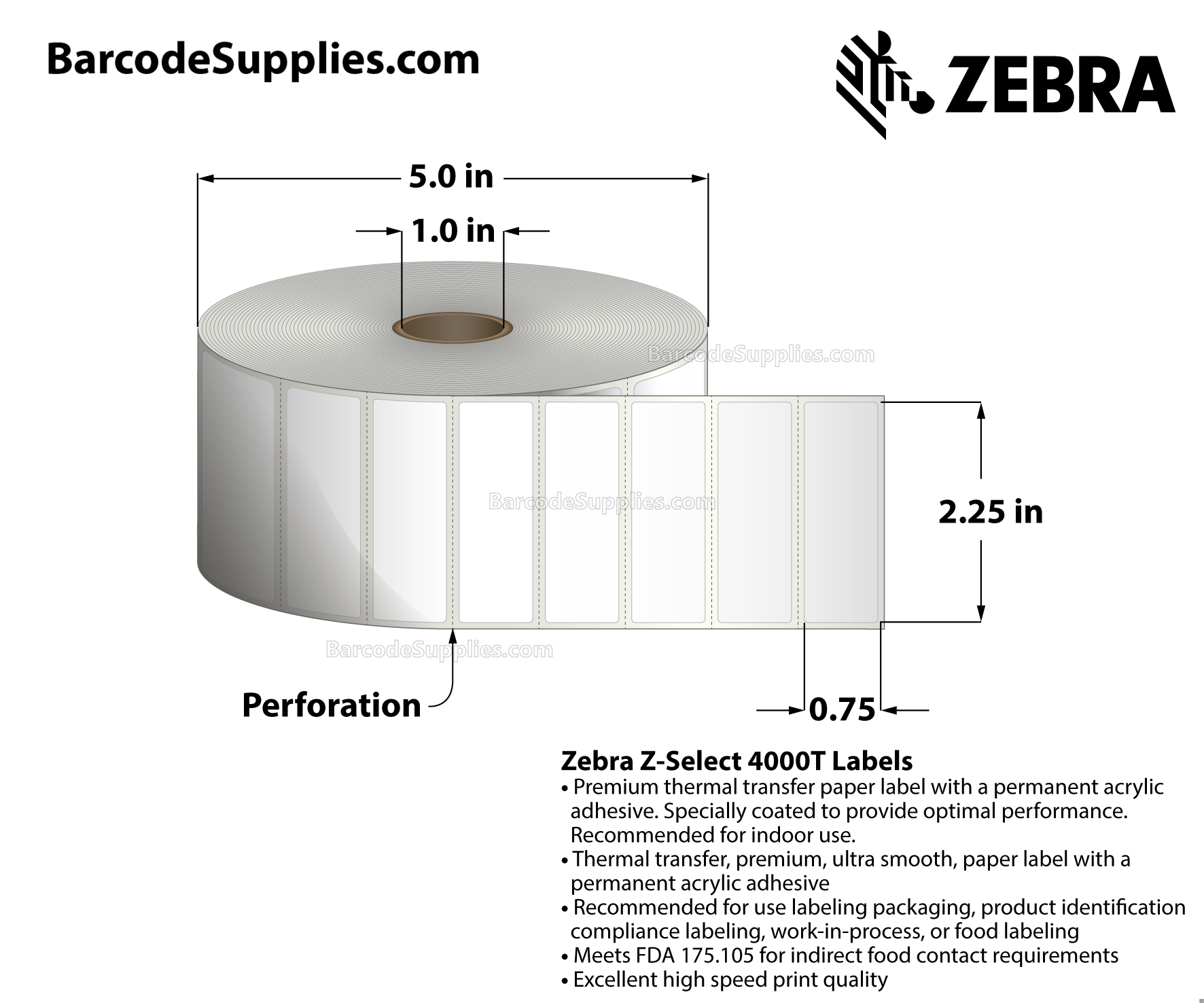 2.25 x 0.75 Thermal Transfer White Z-Select 4000T Labels With Permanent Adhesive - Perforated - 3320 Labels Per Roll - Carton Of 6 Rolls - 19920 Labels Total - MPN: 10009524