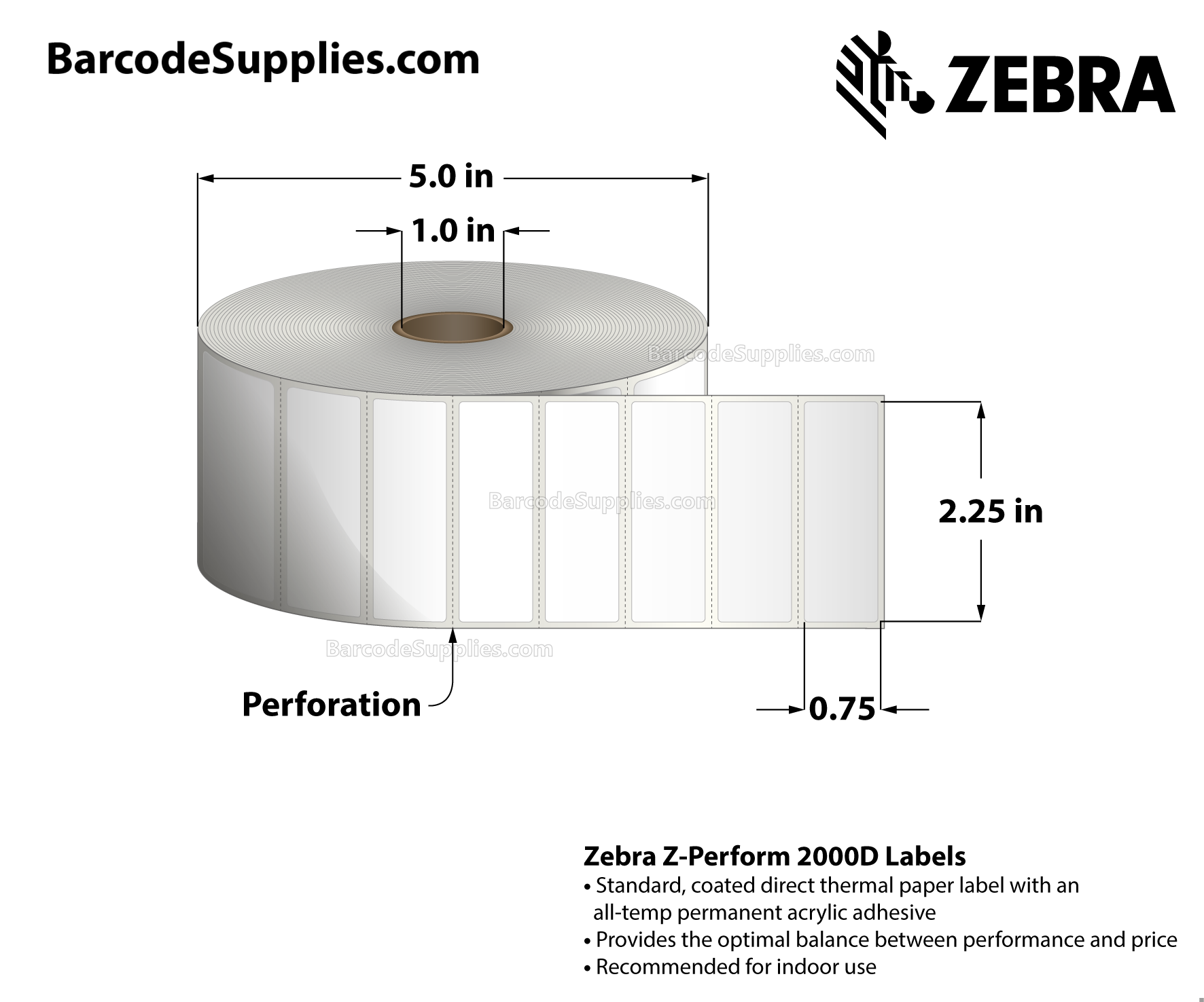 2.25 x 0.75 Direct Thermal White Z-Perform 2000D Labels With All-Temp Adhesive - Perforated - 3315 Labels Per Roll - Carton Of 12 Rolls - 39780 Labels Total - MPN: 10015785