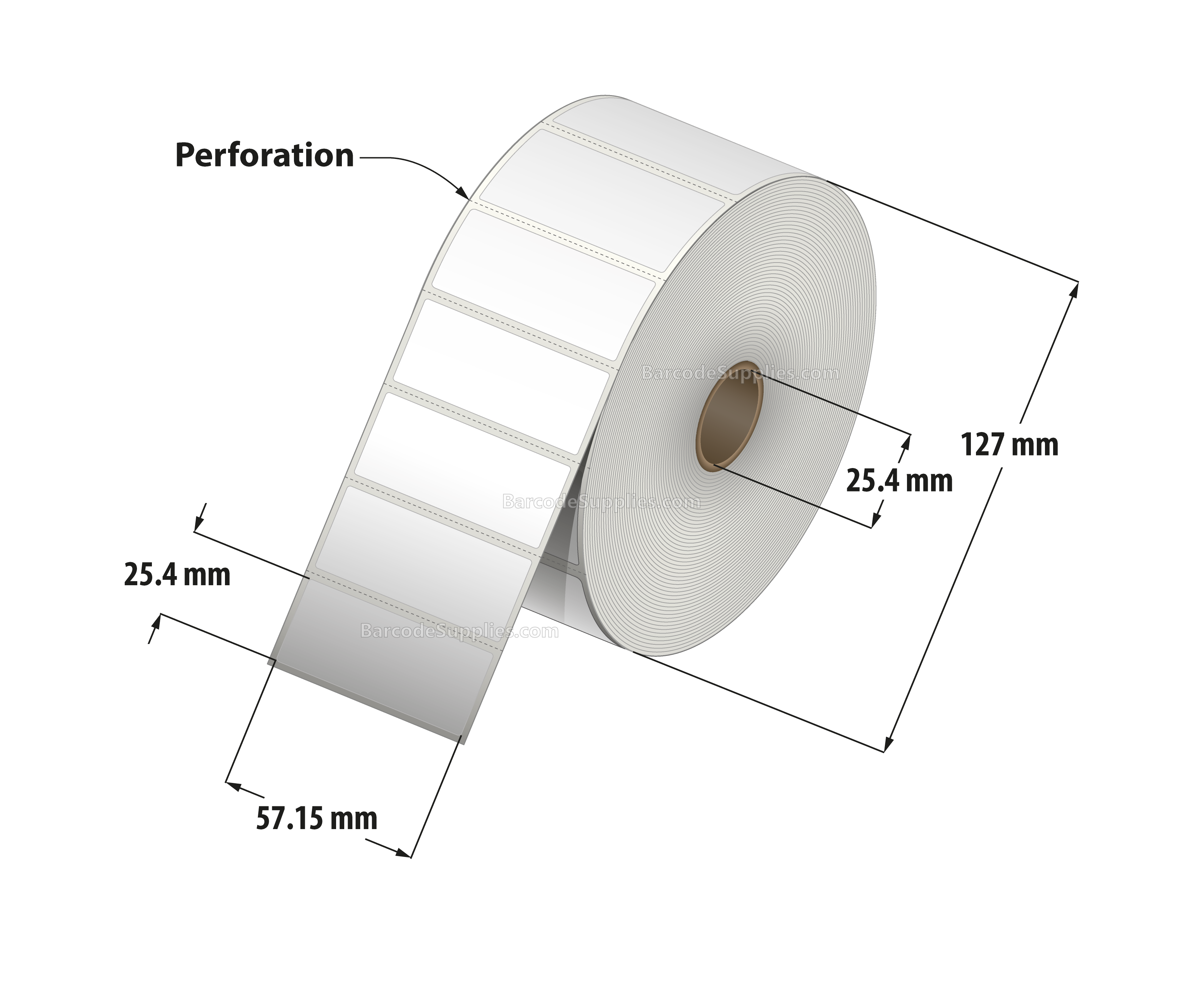 2.5 x 1 Direct Thermal White Labels With Acrylic Adhesive - Perforated - 2500 Labels Per Roll - Carton Of 12 Rolls - 30000 Labels Total - MPN: RD-25-1-2500-1 - BarcodeSource, Inc.