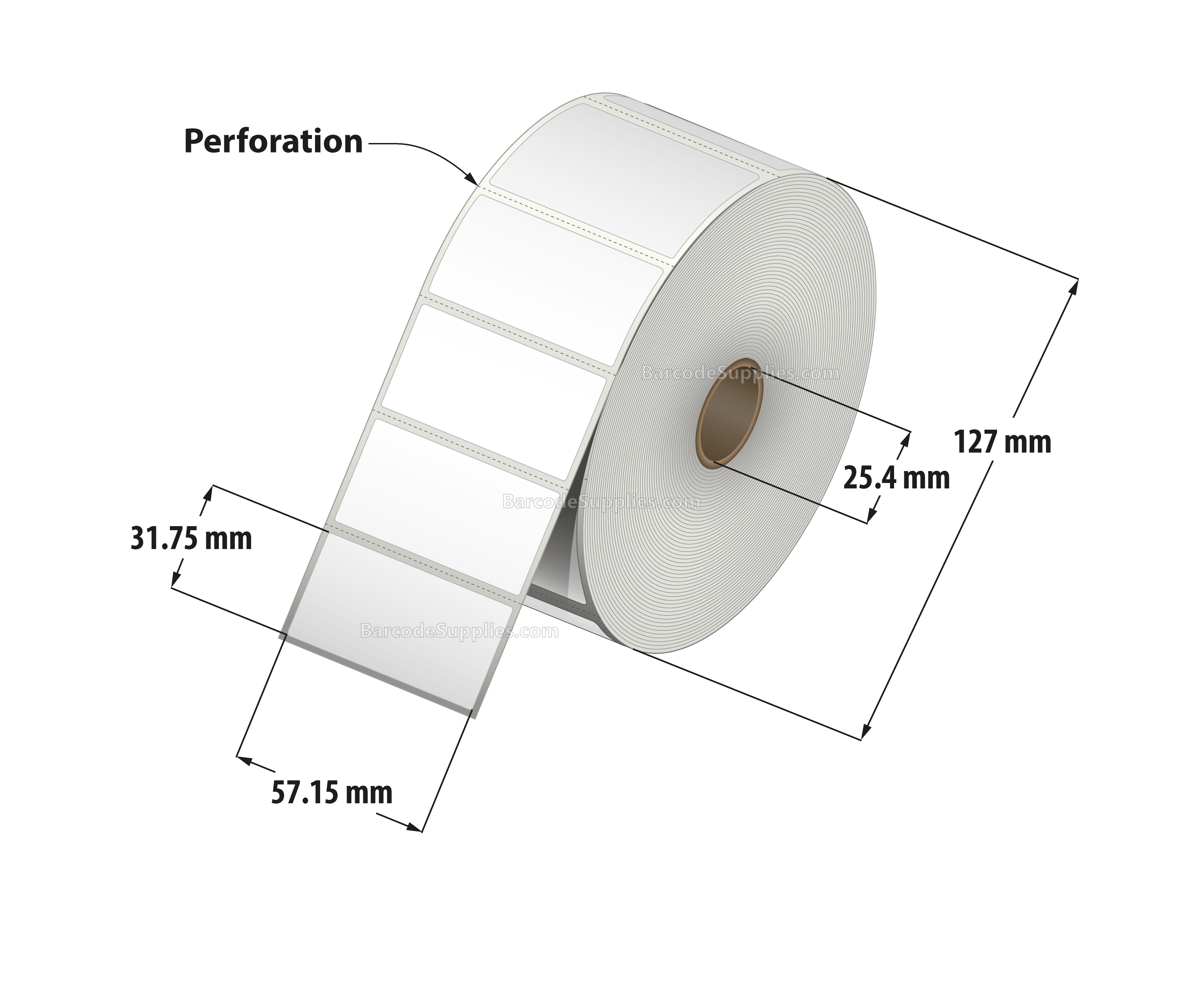 2.25 x 1.25 Thermal Transfer White Labels With Permanent Adhesive - Perforated - 2100 Labels Per Roll - Carton Of 12 Rolls - 25200 Labels Total - MPN: RT-225-125-2100-1 - BarcodeSource, Inc.