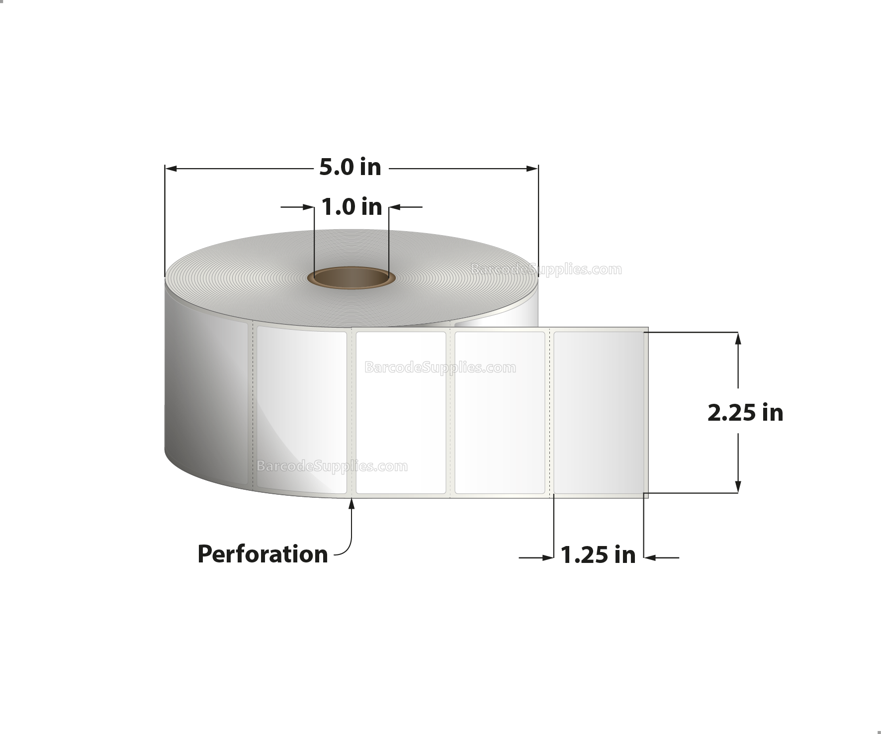 2.25 x 1.25 Thermal Transfer White Labels With Permanent Acrylic Adhesive - Perforated - 1900 Labels Per Roll - Carton Of 4 Rolls - 7600 Labels Total - MPN: TH225125-15PTT