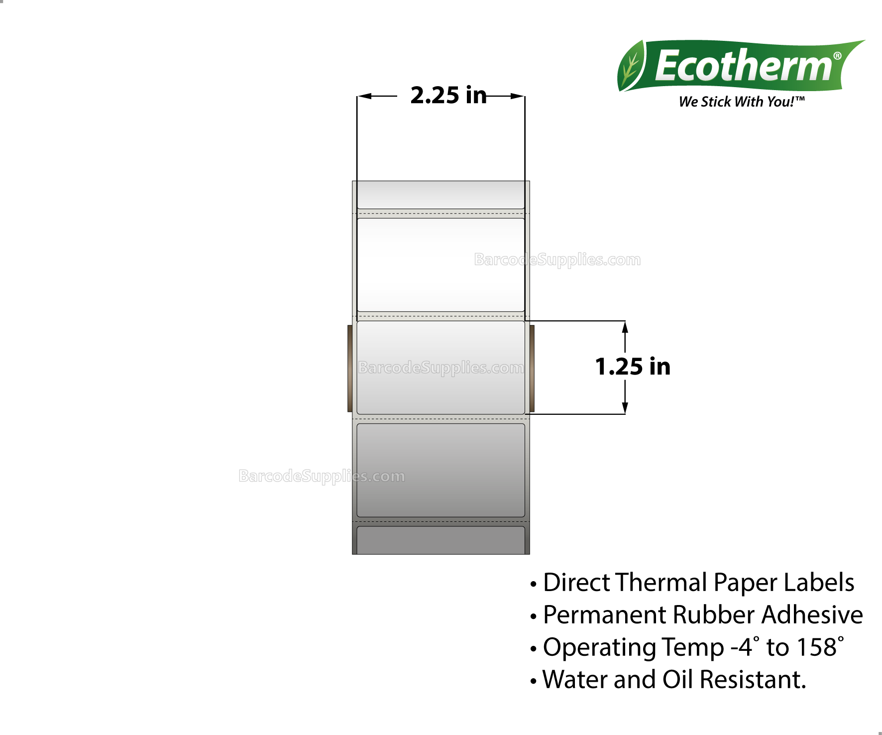 2.25 x 1.25 Direct Thermal White Labels With Rubber Adhesive - Perforated - 2100 Labels Per Roll - Carton Of 6 Rolls - 12600 Labels Total - MPN: ECOTHERM15126-6