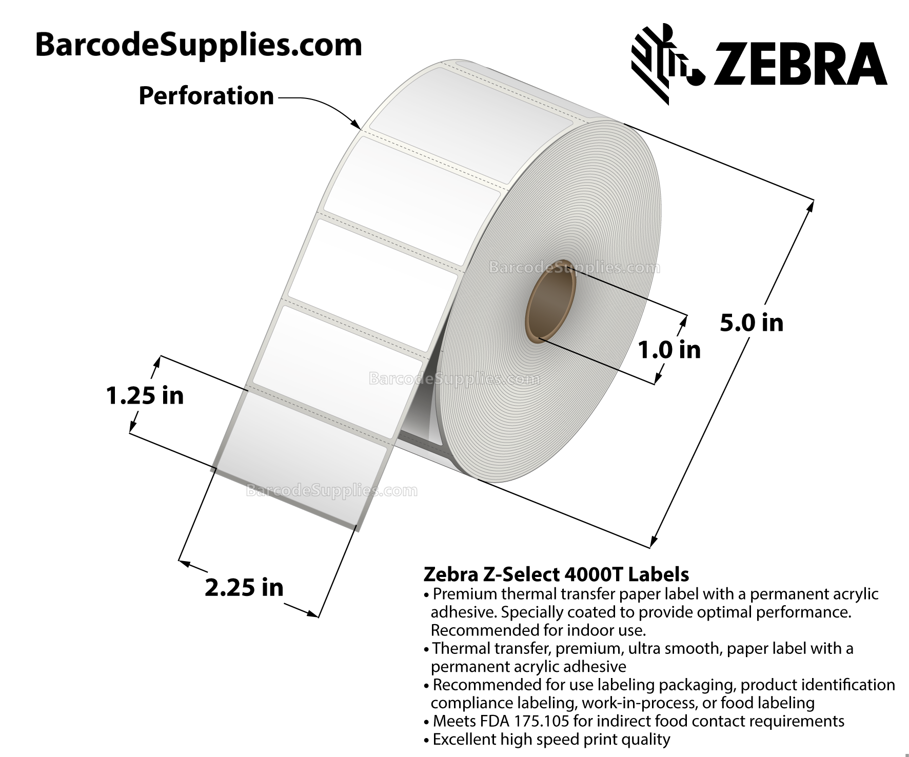 2.25 x 1.25 Thermal Transfer White Z-Select 4000T Labels With Permanent Adhesive - Perforated - 2100 Labels Per Roll - Carton Of 12 Rolls - 25200 Labels Total - MPN: 800272-125
