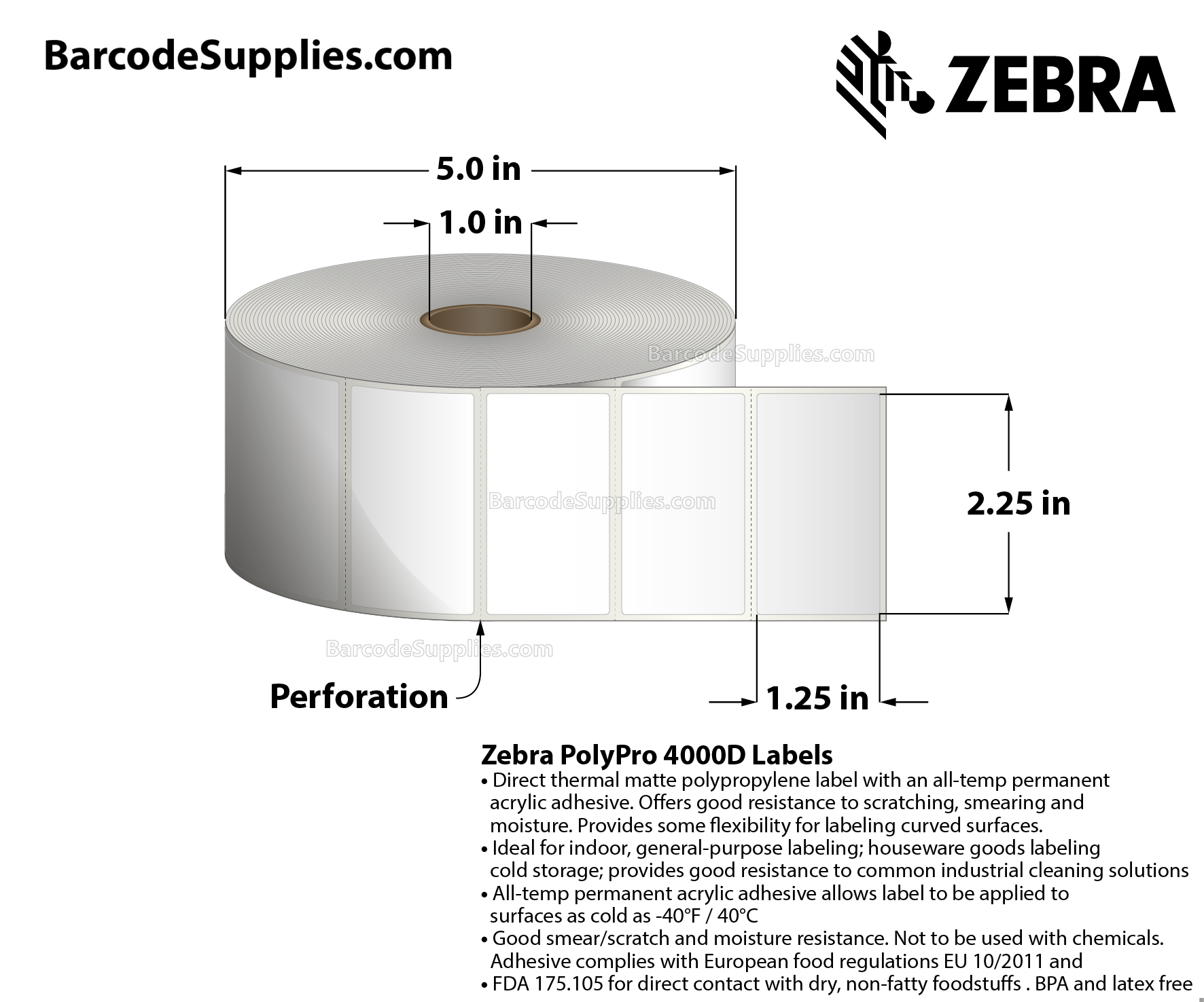 2.25 x 1.25 Direct Thermal White PolyPro 4000D Labels With All-Temp Adhesive - Perforated - 2000 Labels Per Roll - Carton Of 6 Rolls - 12000 Labels Total - MPN: 10010063