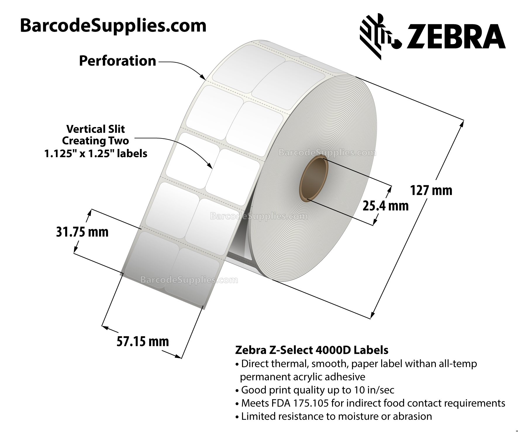 2.25 x 1.25 Direct Thermal White Z-Select 4000D Labels With All-Temp Adhesive - Center vertical slit creating two 1.125" x 1.25" labels - Perforated - 1910 Labels Per Roll - Carton Of 6 Rolls - 11460 Labels Total - MPN: 10010051