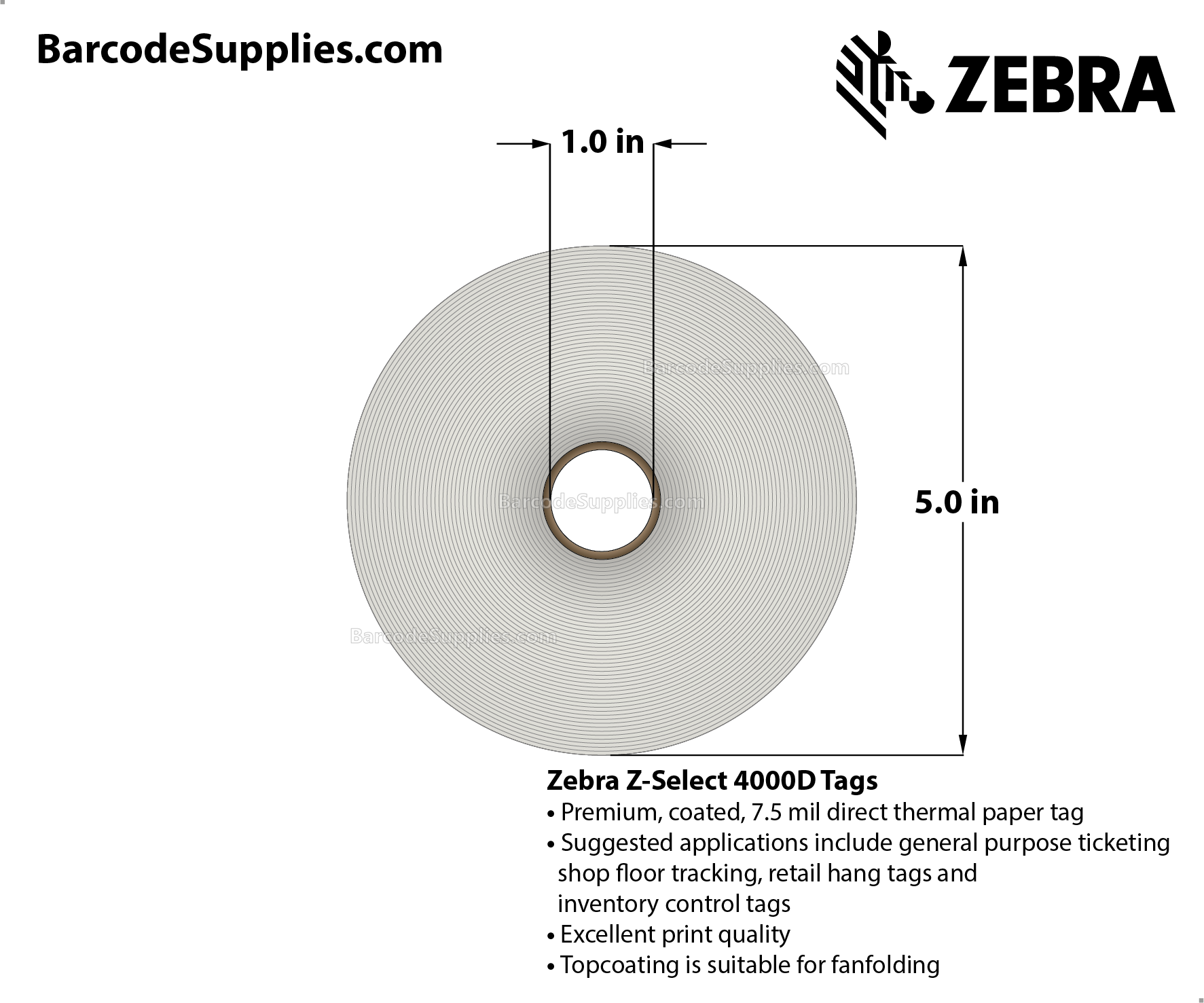 2.25 x 1.37 Direct Thermal White Z-Select 4000D 7 mil Tag Tags With No Adhesive - Contains sensing notch and stringhole - Perforated - 1600 Tags Per Roll - Carton Of 6 Rolls - 9600 Tags Total - MPN: 10010054