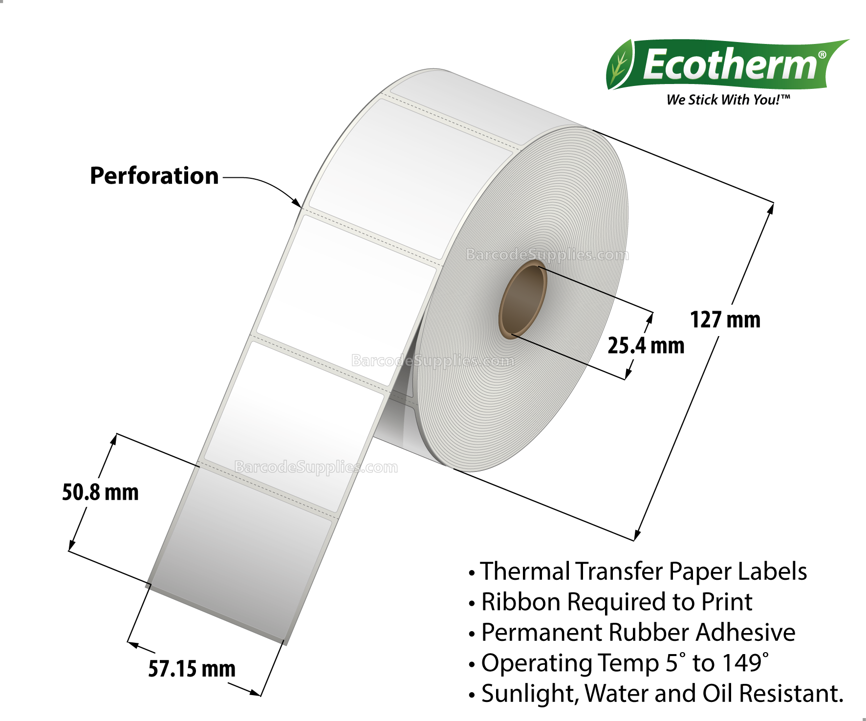 2.25 x 2 Thermal Transfer White Labels With Rubber Adhesive - Perforated - 1370 Labels Per Roll - Carton Of 6 Rolls - 8220 Labels Total - MPN: ECOTHERM25126-6